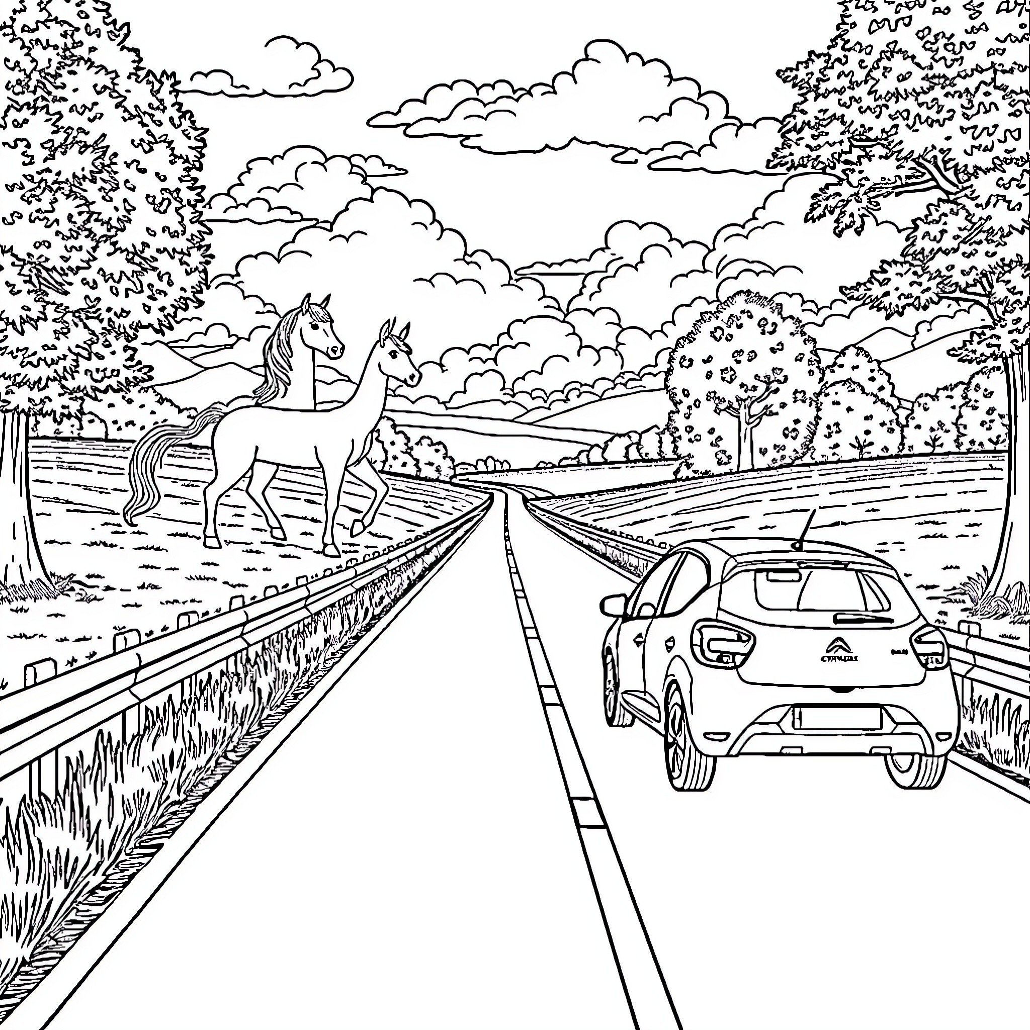 Licorne: Enchanted Roadside Adventure Coloring Page (free black-and-white line drawing printable PDF for all, from beginners to advanced learners, including children, teens, adults, and seniors)