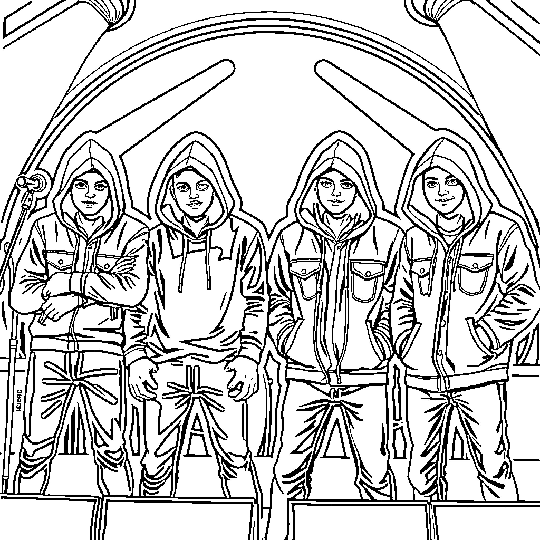 Hooded Band Members Performing on Stage Coloring Page (free black-and-white line drawing printable PDF for all, from beginners to advanced learners, including children, teens, adults, and seniors)