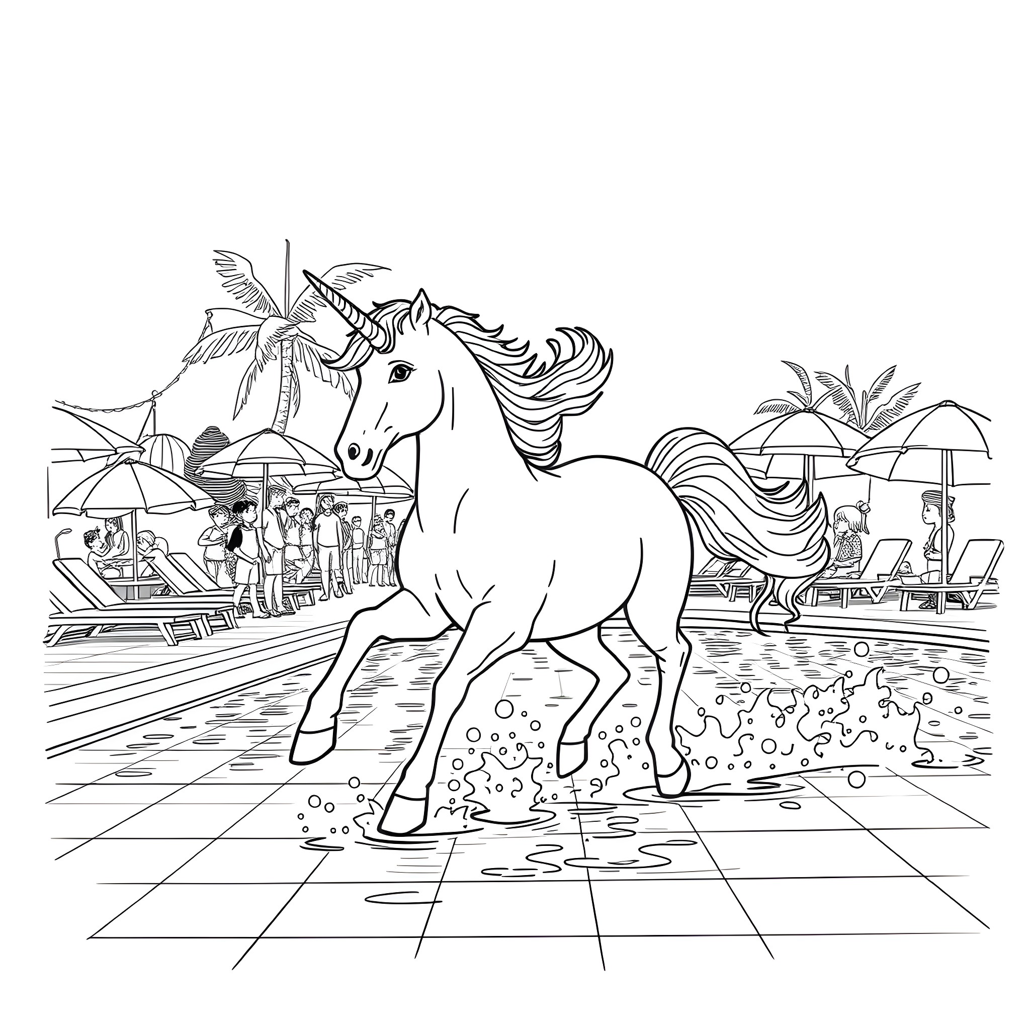 Unicorn frolicking in a tropical resort Coloring Page (free black-and-white line drawing printable PDF for all, from beginners to advanced learners, including children, teens, adults, and seniors)
