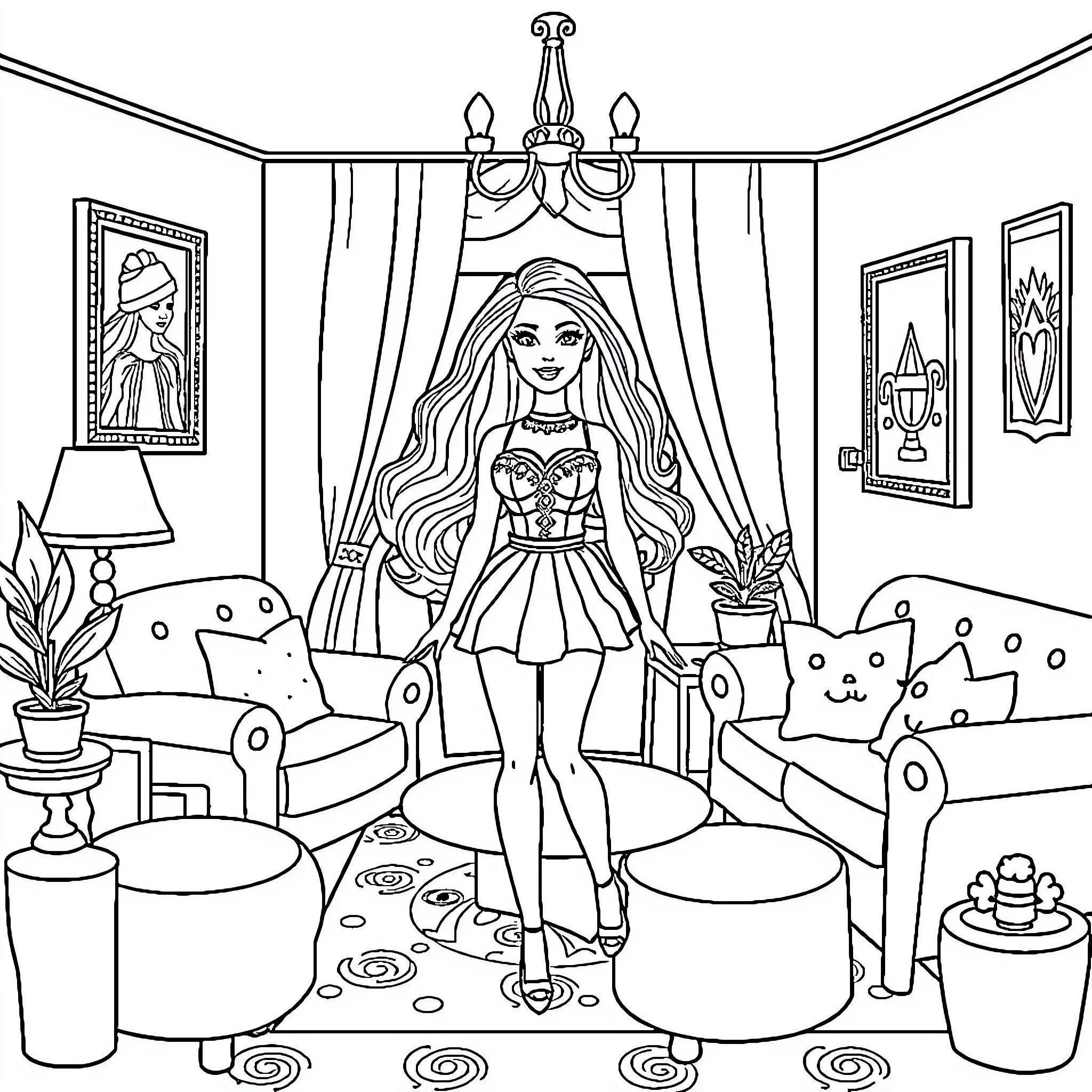 Barbie enjoying her stylish home interior Coloring Page (free black-and-white line drawing printable PDF for all, from beginners to advanced learners, including children, teens, adults, and seniors)