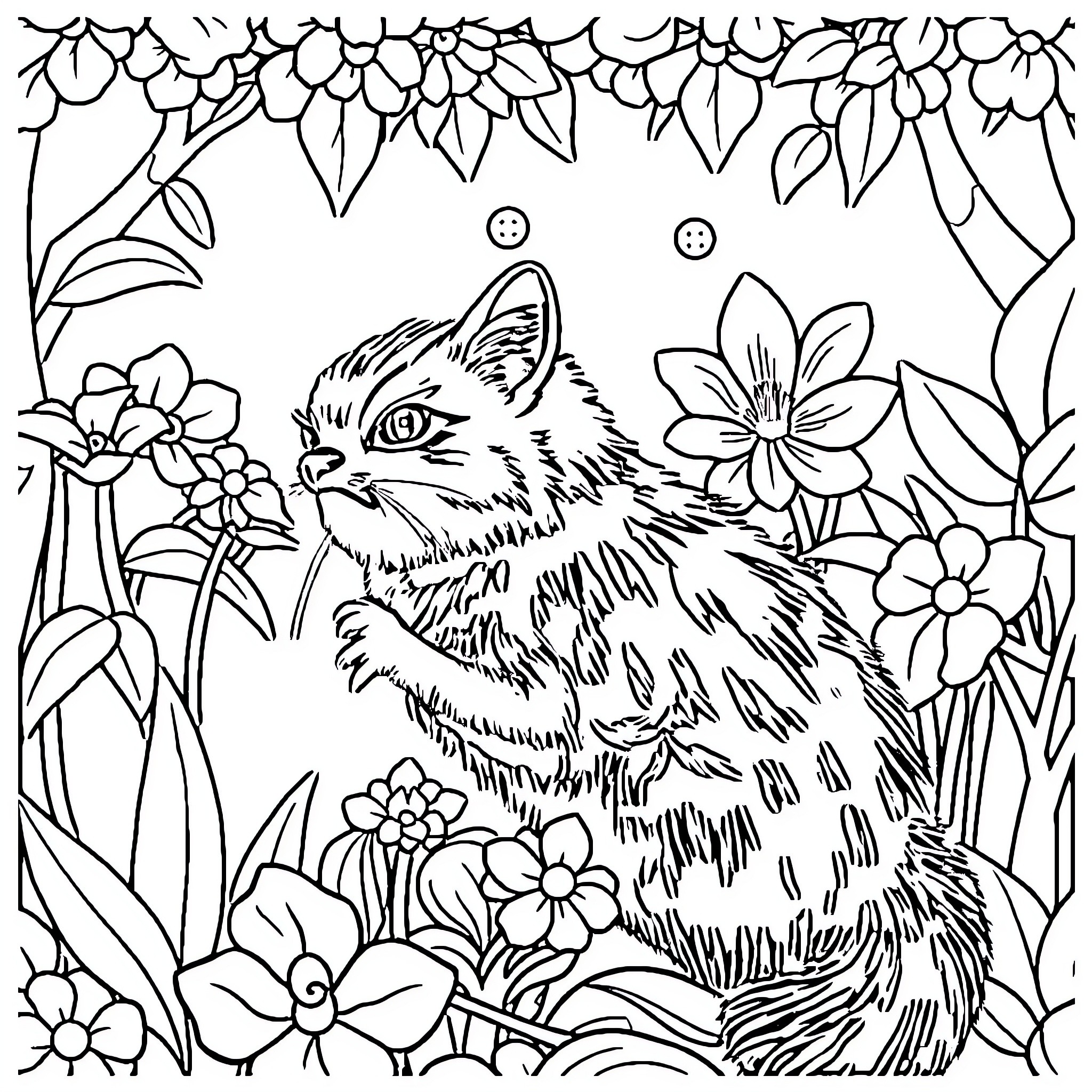 Cat in Floral Wonderland Coloring Page (free black-and-white line drawing printable PDF for all, from beginners to advanced learners, including children, teens, adults, and seniors)