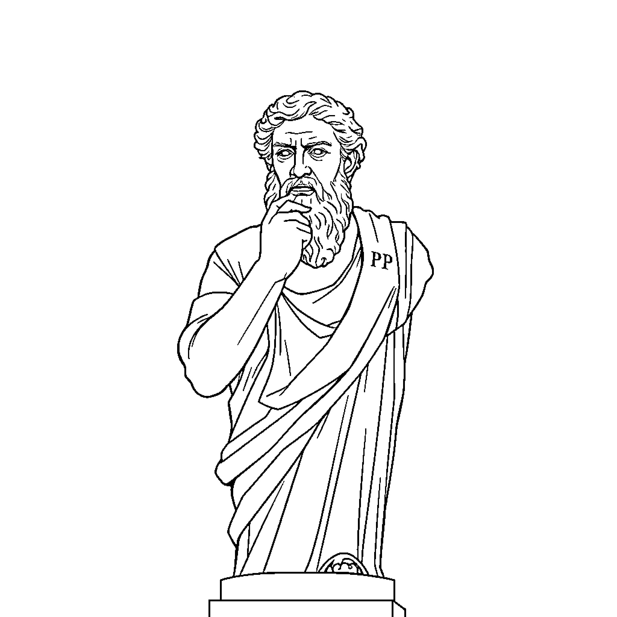 Plato contemplating philosophical ideas Coloring Page (free black-and-white line drawing printable PDF for all, from beginners to advanced learners, including children, teens, adults, and seniors)