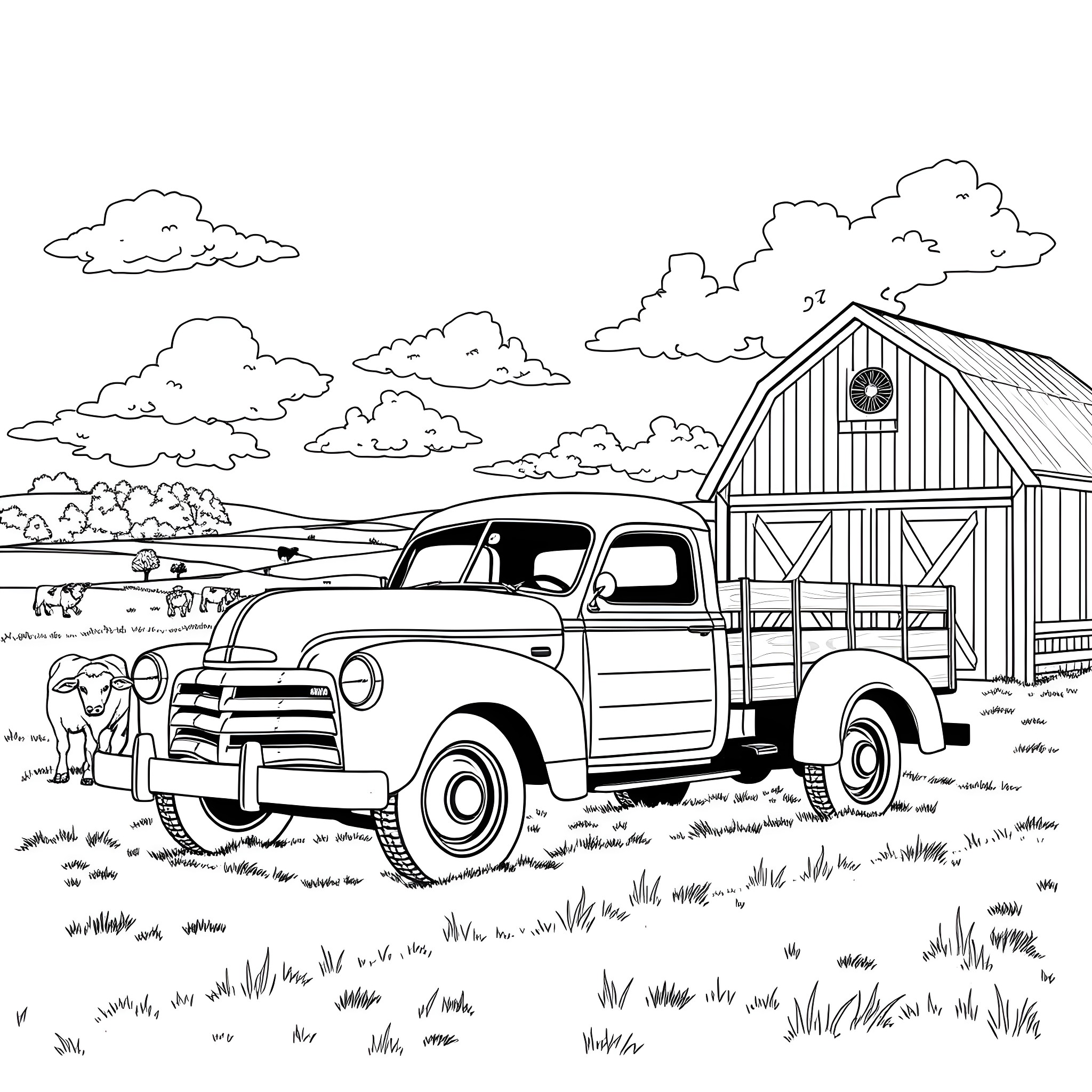 Farm Truck Transporting Supplies on a Rural Landscape Coloring Page (free black-and-white line drawing printable PDF for all, from beginners to advanced learners, including children, teens, adults, and seniors)