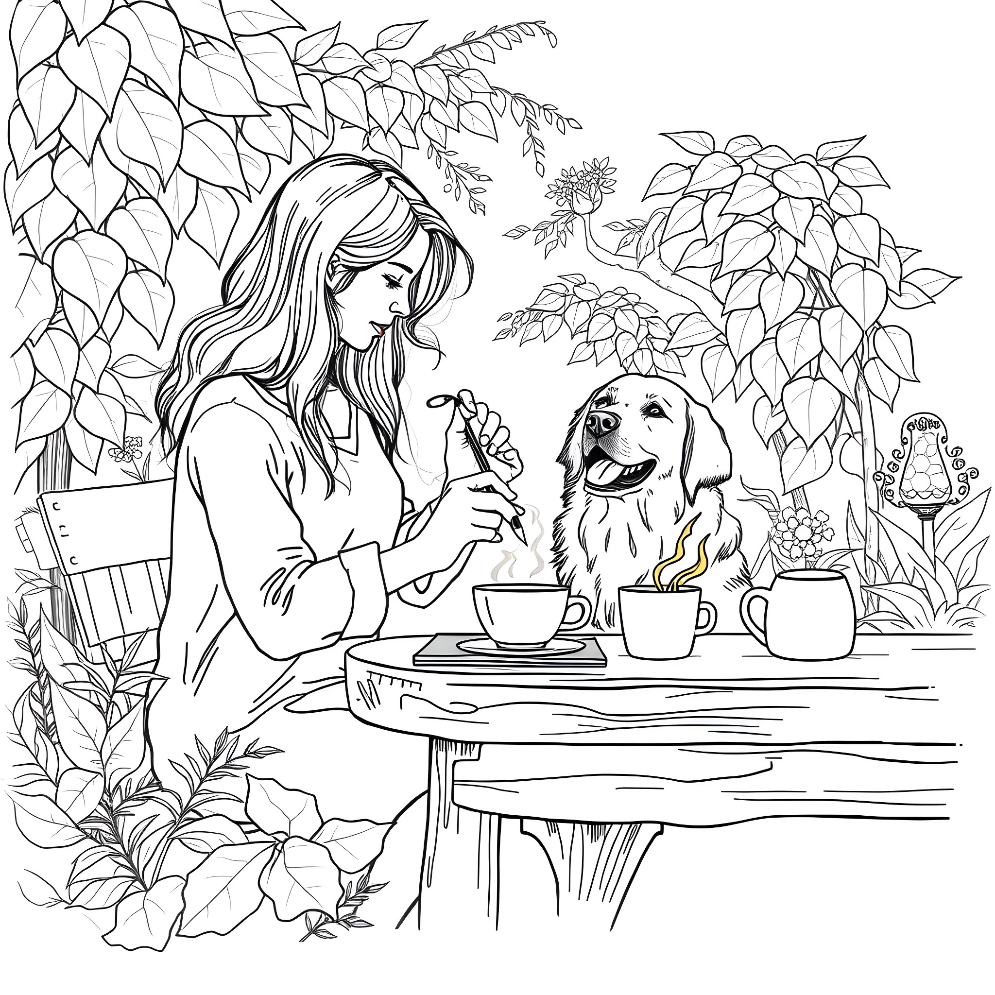 Mum enjoying tea time with her furry friend Coloring Page (free black-and-white line drawing printable PDF for all, from beginners to advanced learners, including children, teens, adults, and seniors)