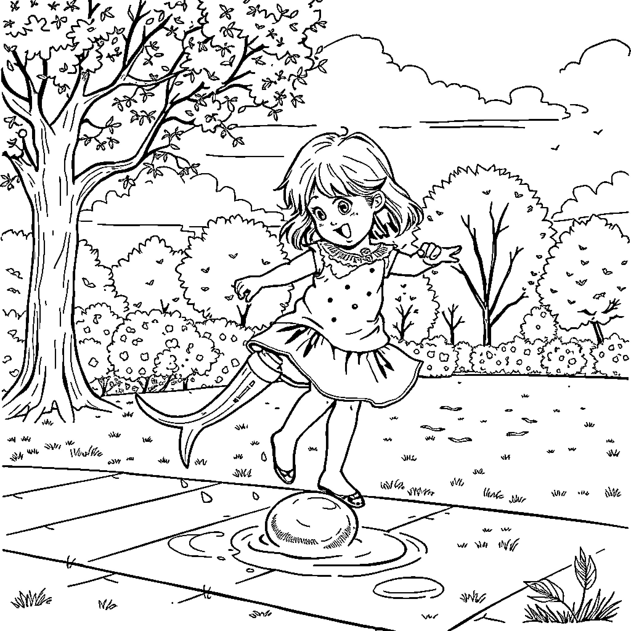 Girl playing joyfully in the enchanting forest Coloring Page (free black-and-white line drawing printable PDF for all, from beginners to advanced learners, including children, teens, adults, and seniors)