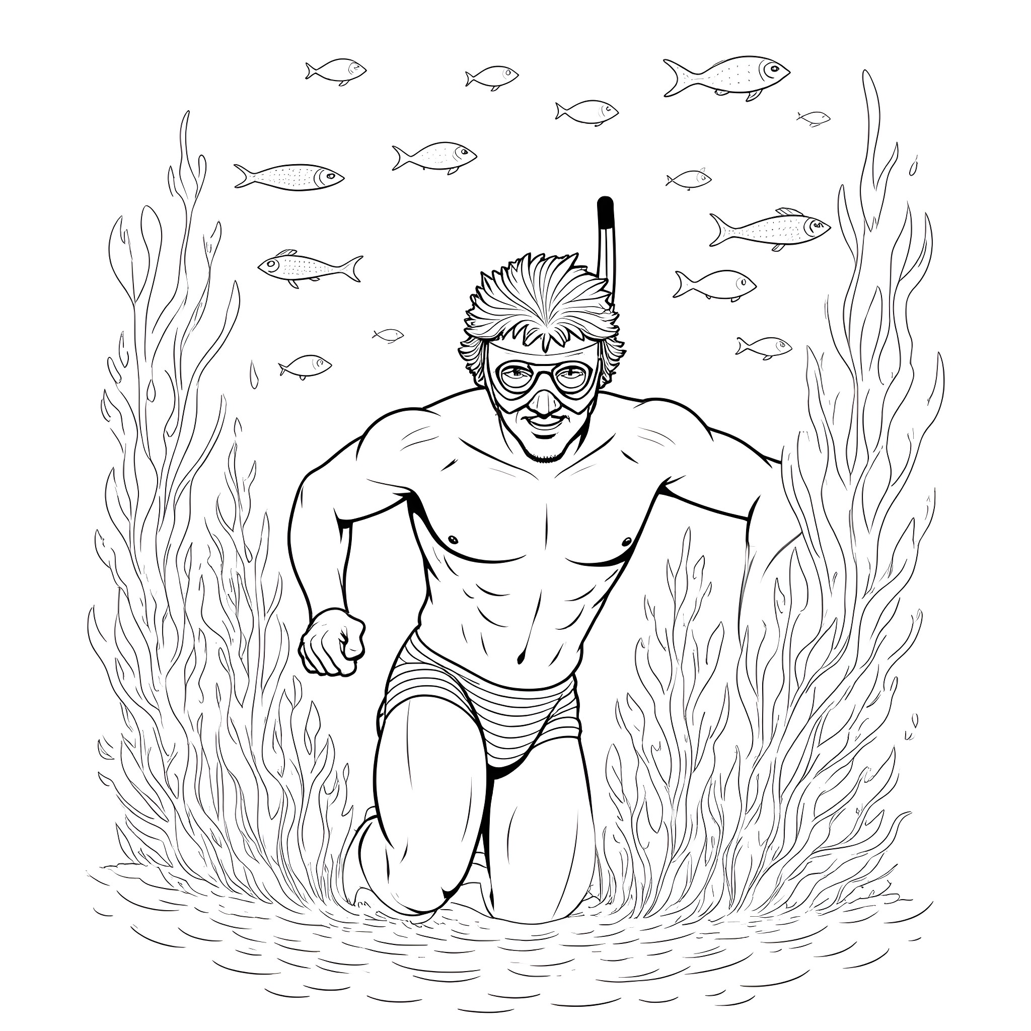 Wrestler snorkeling underwater with marine life Coloring Page (free black-and-white line drawing printable PDF for all, from beginners to advanced learners, including children, teens, adults, and seniors)