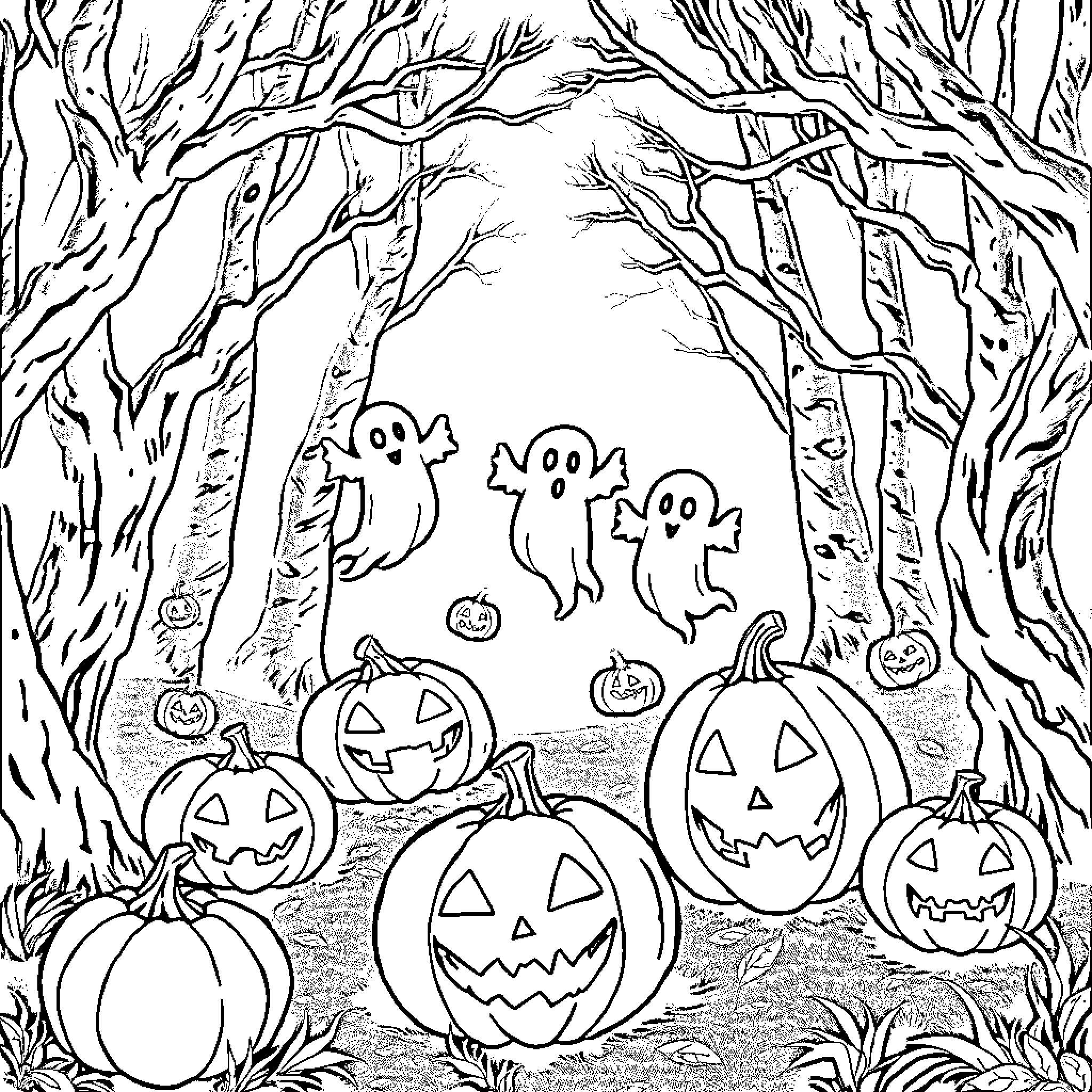 Ghost Pumpkins and Spirits in Haunted Forest Coloring Page (free black-and-white line drawing printable PDF for all, from beginners to advanced learners, including children, teens, adults, and seniors)