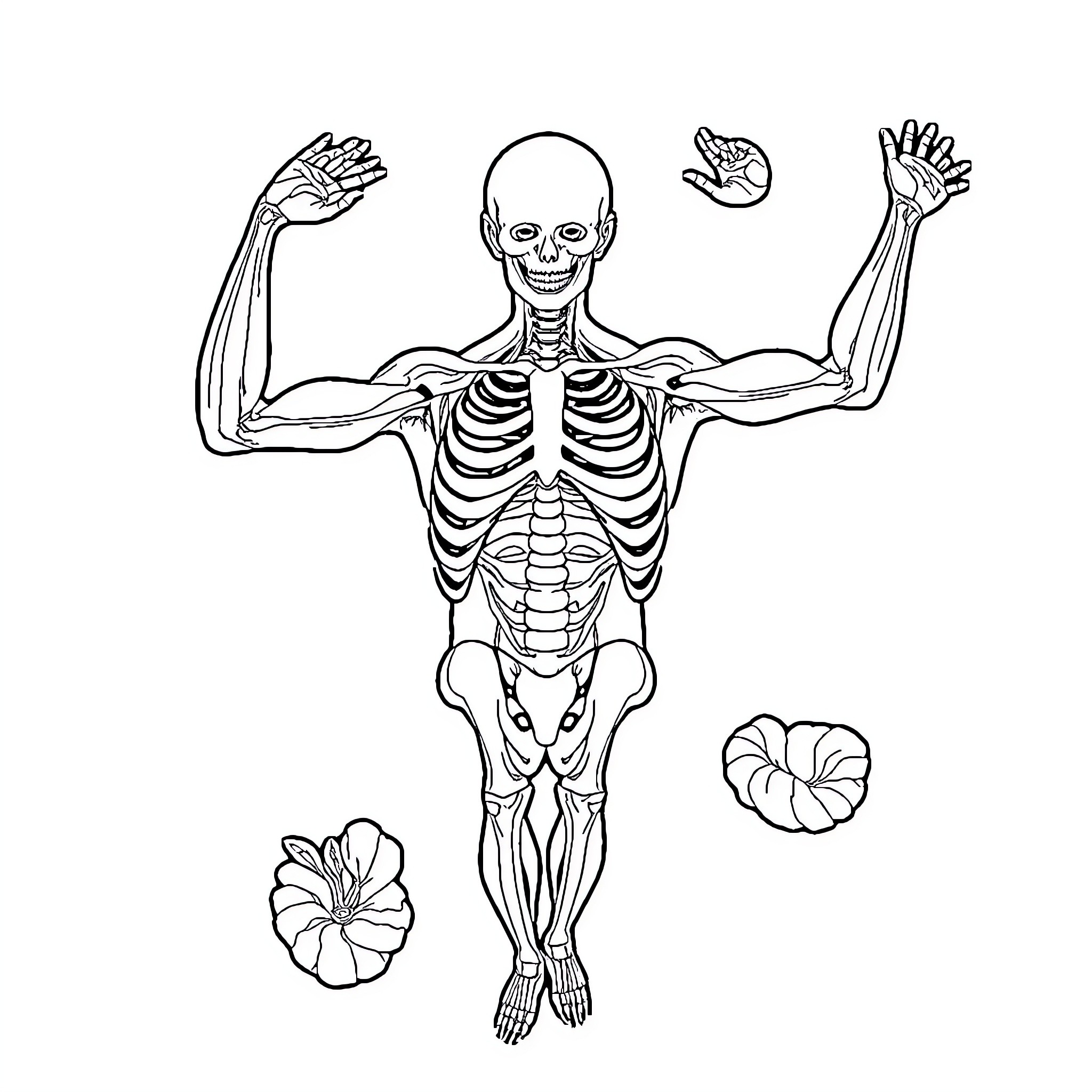 Anatomy of a Skeletal Figure Amidst Floral Elements Coloring Page (free black-and-white line drawing printable PDF for all, from beginners to advanced learners, including children, teens, adults, and seniors)
