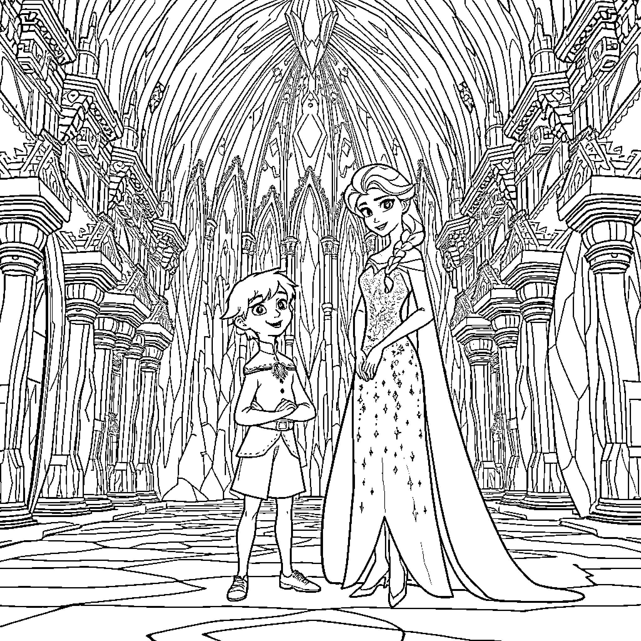 Elsa and Anna in Arendelle's Magical Castle Coloring Page (free black-and-white line drawing printable PDF for all, from beginners to advanced learners, including children, teens, adults, and seniors)