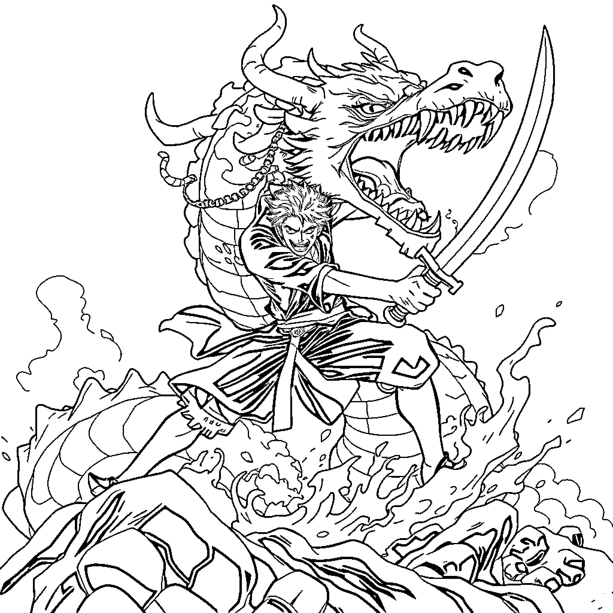 Zoro wielding a sword and riding a fierce dragon Coloring Page (free black-and-white line drawing printable PDF for all, from beginners to advanced learners, including children, teens, adults, and seniors)