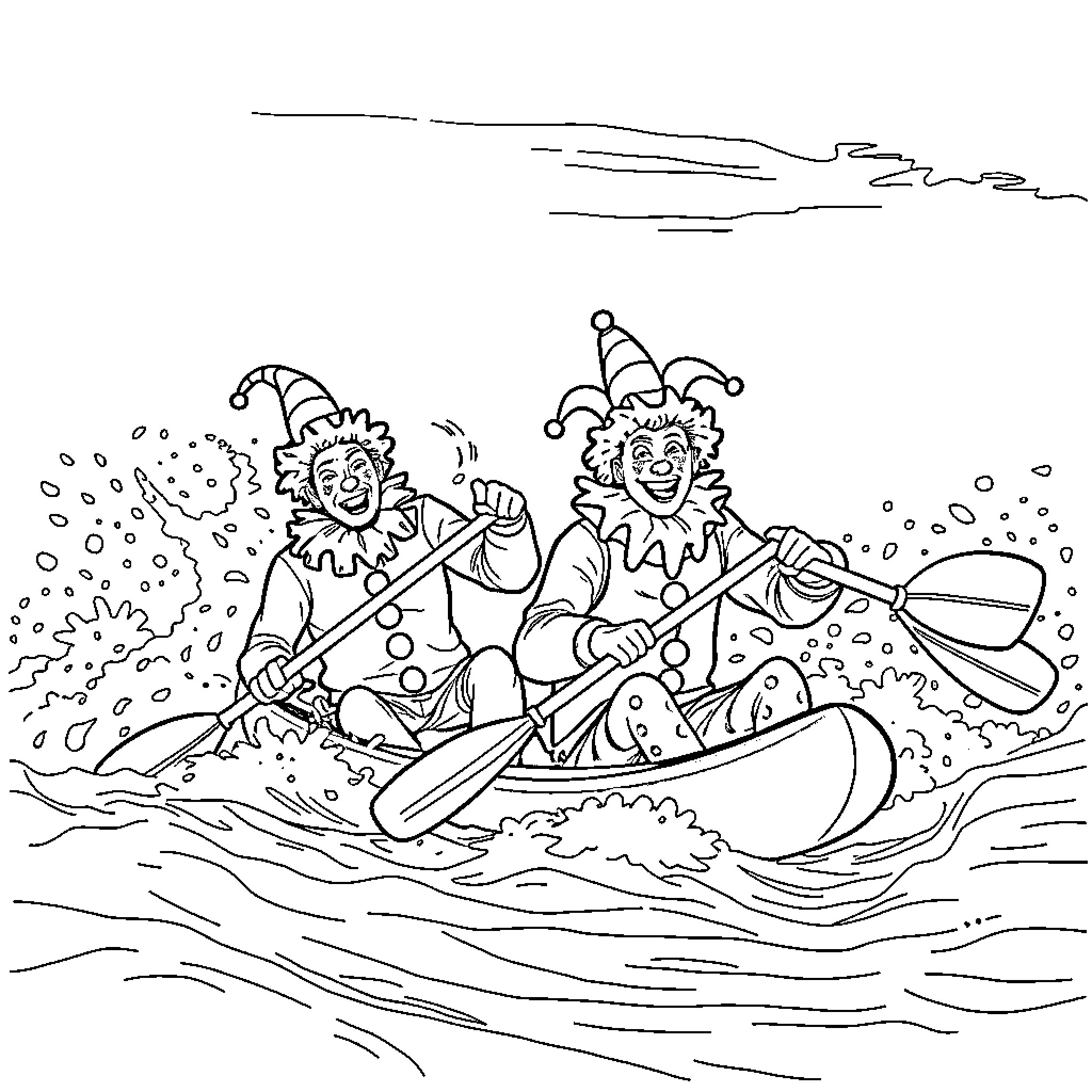 Guy clowns having fun in a boat on the water Coloring Page (free black-and-white line drawing printable PDF for all, from beginners to advanced learners, including children, teens, adults, and seniors)