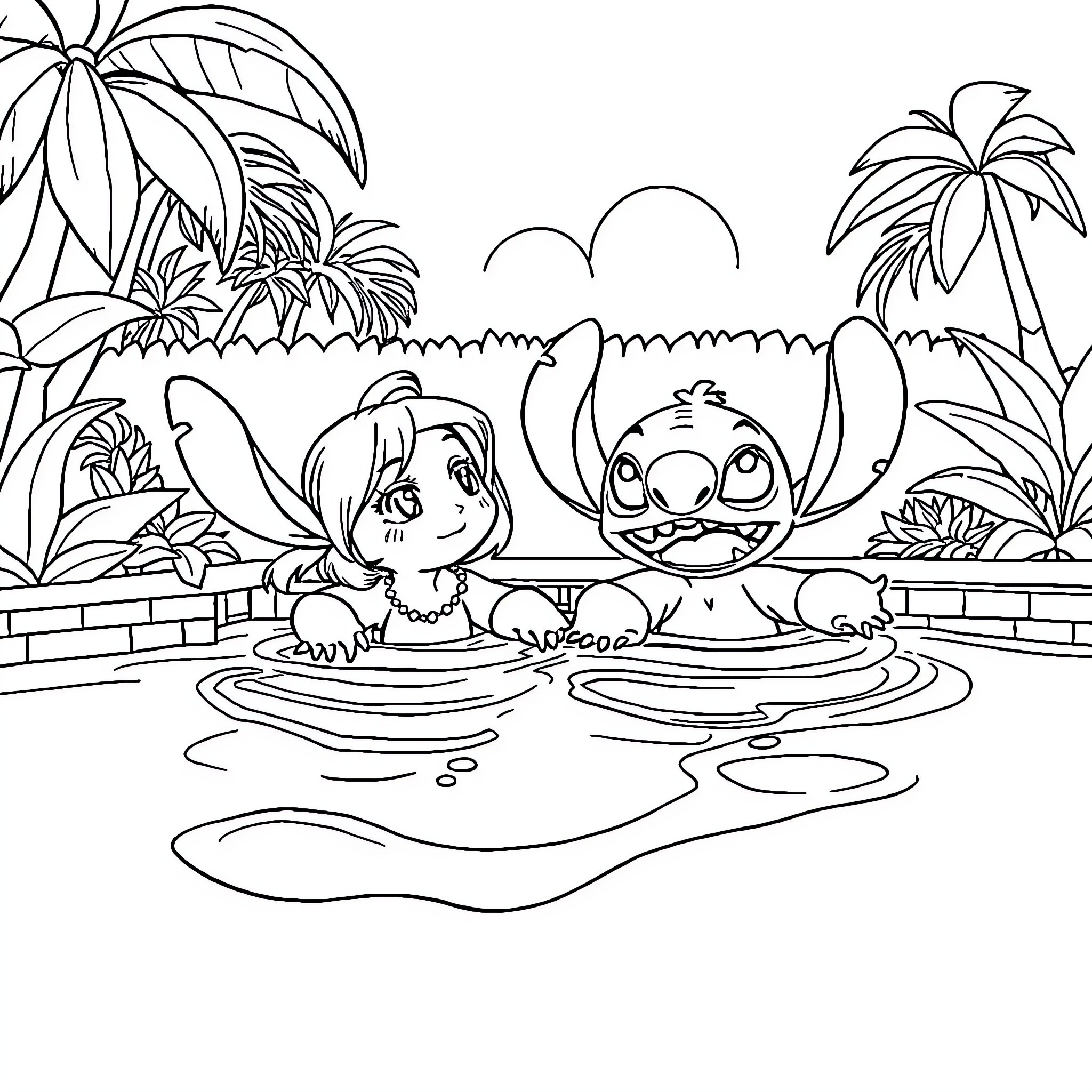 Lilo and Stitch playing happily in a tropical paradise Coloring Page (free black-and-white line drawing printable PDF for all, from beginners to advanced learners, including children, teens, adults, and seniors)