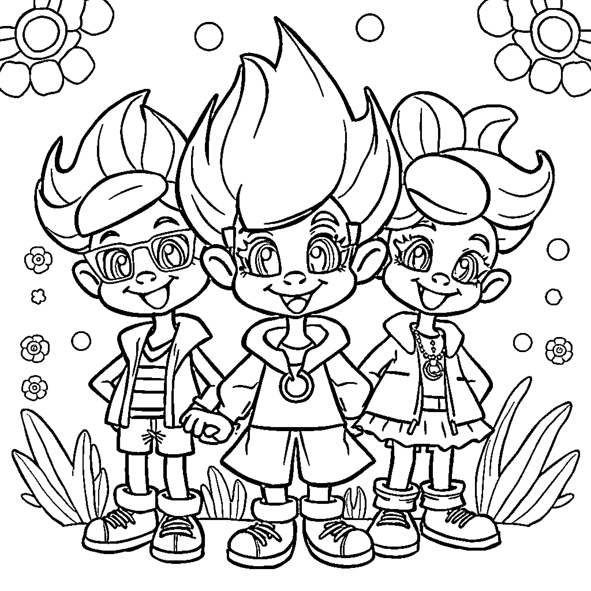 Sprunki Trolls Having Fun Together Coloring Page (free black-and-white line drawing printable PDF for all, from beginners to advanced learners, including children, teens, adults, and seniors)