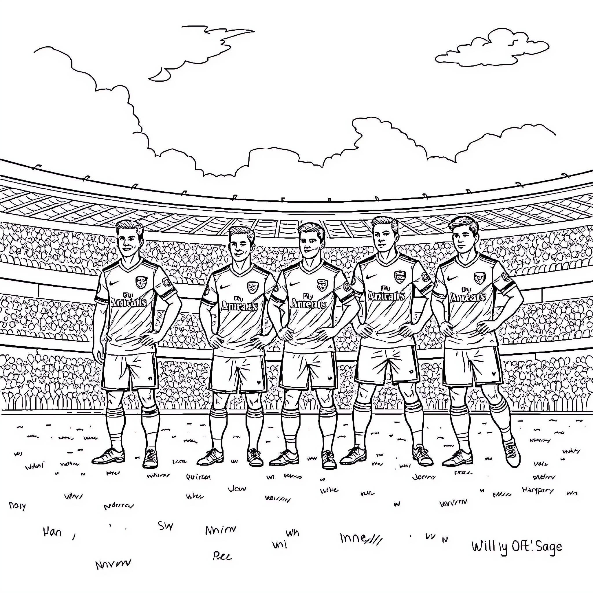 Arsenal Players on the Field at the Stadium Coloring Page (free black-and-white line drawing printable PDF for all, from beginners to advanced learners, including children, teens, adults, and seniors)