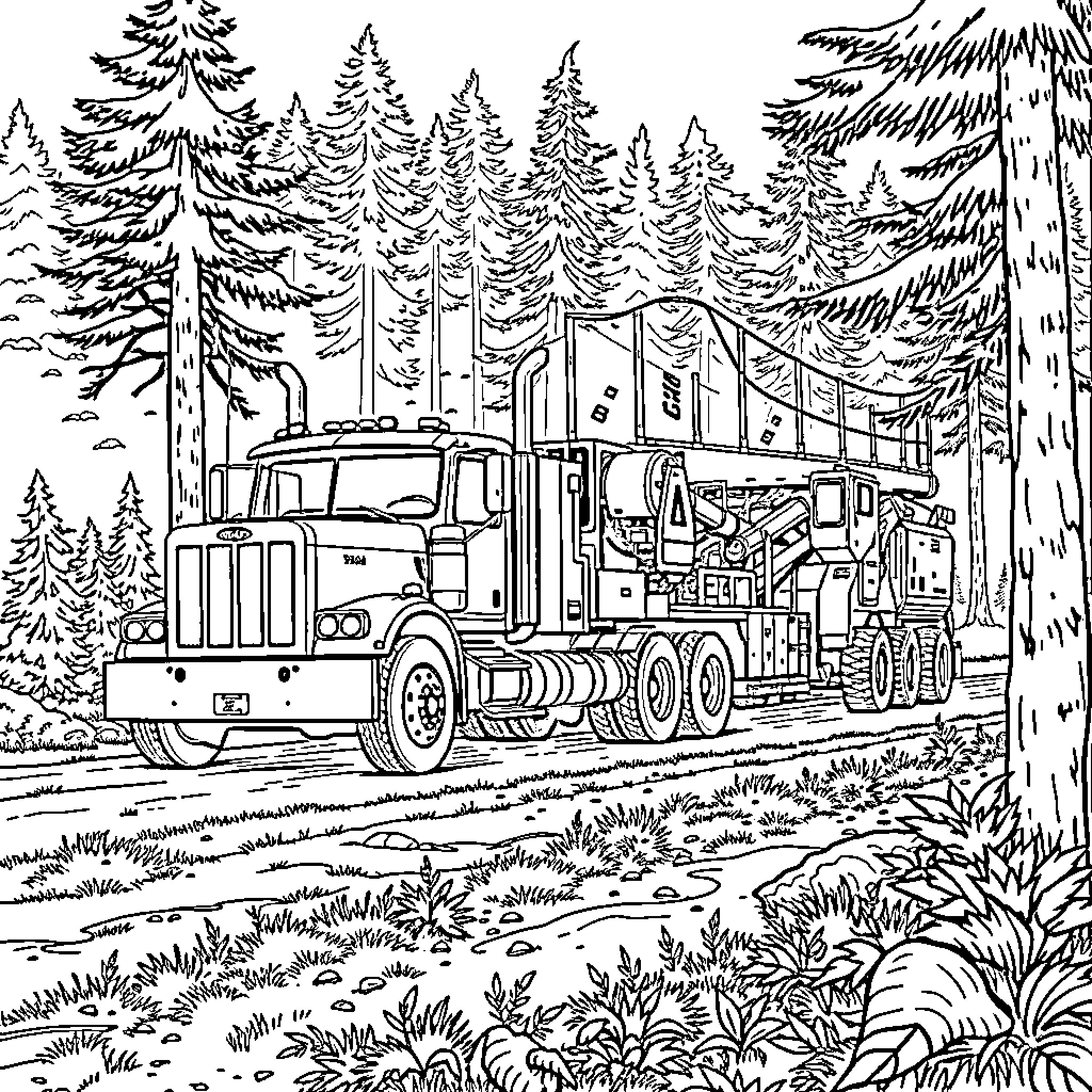 Truck hauling a heavy load through a forested landscape Coloring Page (free black-and-white line drawing printable PDF for all, from beginners to advanced learners, including children, teens, adults, and seniors)
