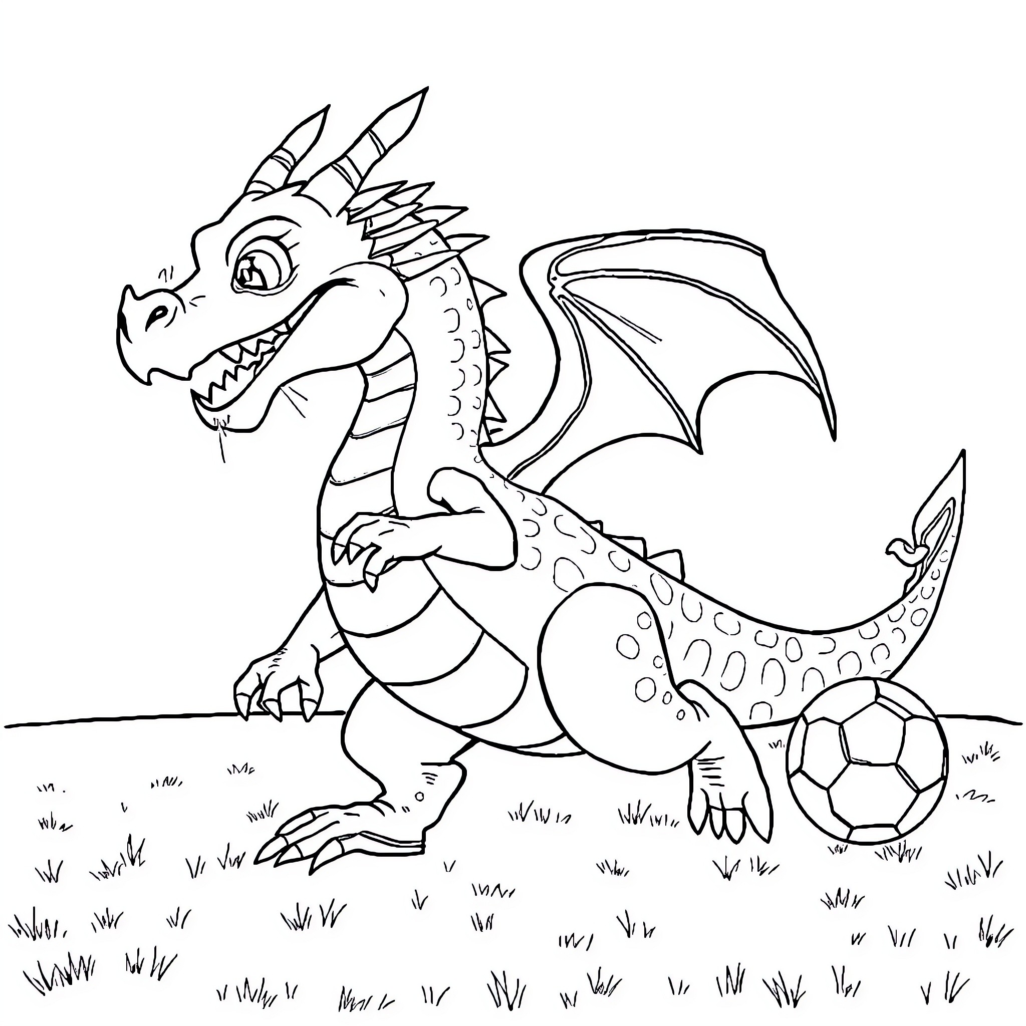 Dragon playing with a soccer ball in the meadow Coloring Page (free black-and-white line drawing printable PDF for all, from beginners to advanced learners, including children, teens, adults, and seniors)