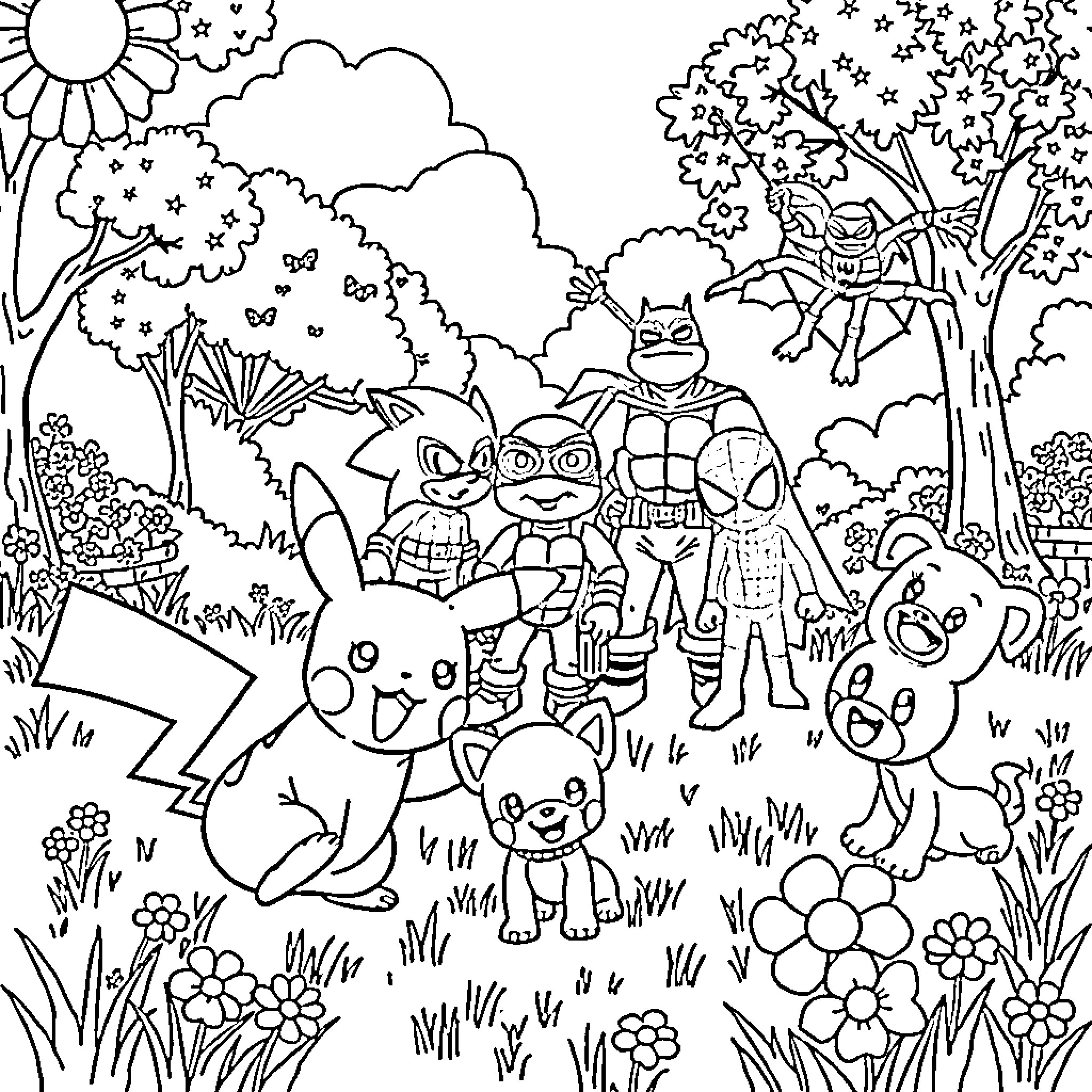 Character Illustration of Cartoon Creatures in a Nature Scene Coloring Page (free black-and-white line drawing printable PDF for all, from beginners to advanced learners, including children, teens, adults, and seniors)
