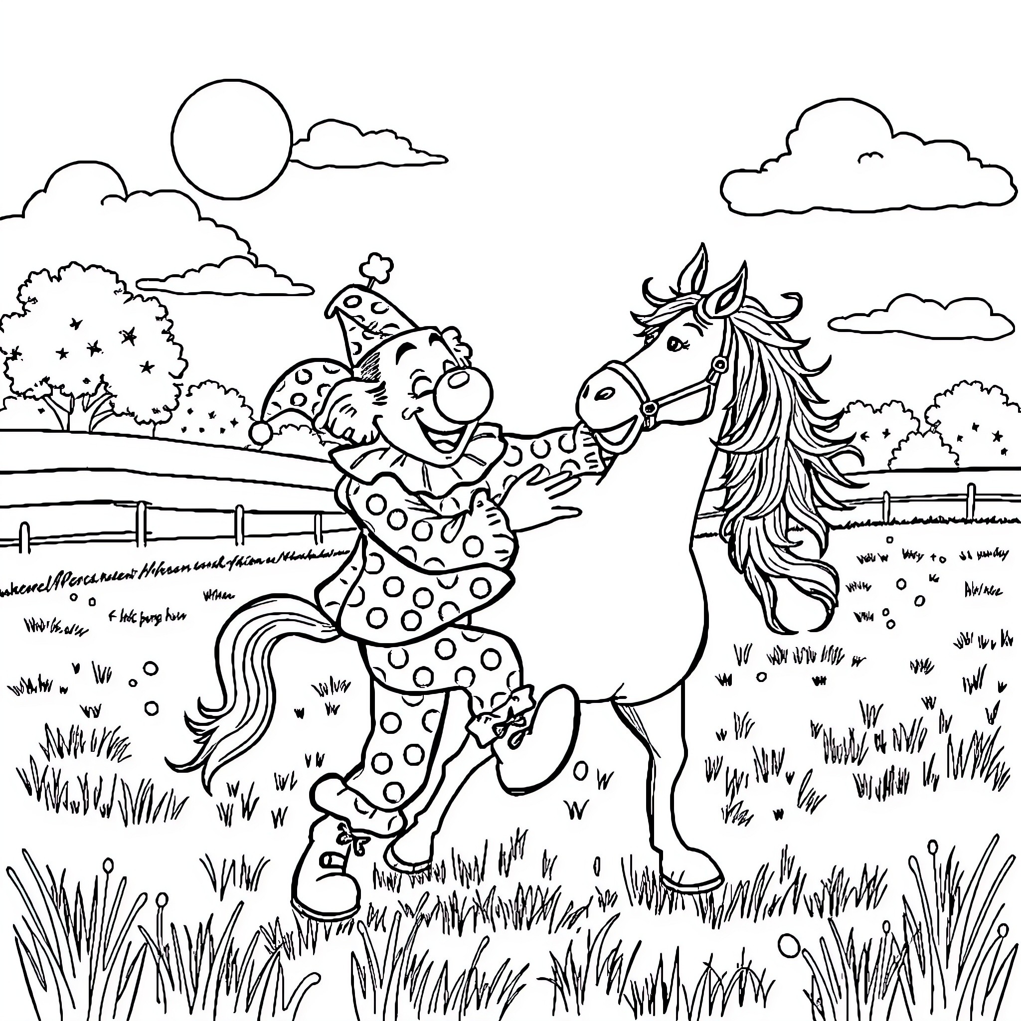 Clown riding a patterned horse in a pastoral scene Coloring Page (free black-and-white line drawing printable PDF for all, from beginners to advanced learners, including children, teens, adults, and seniors)