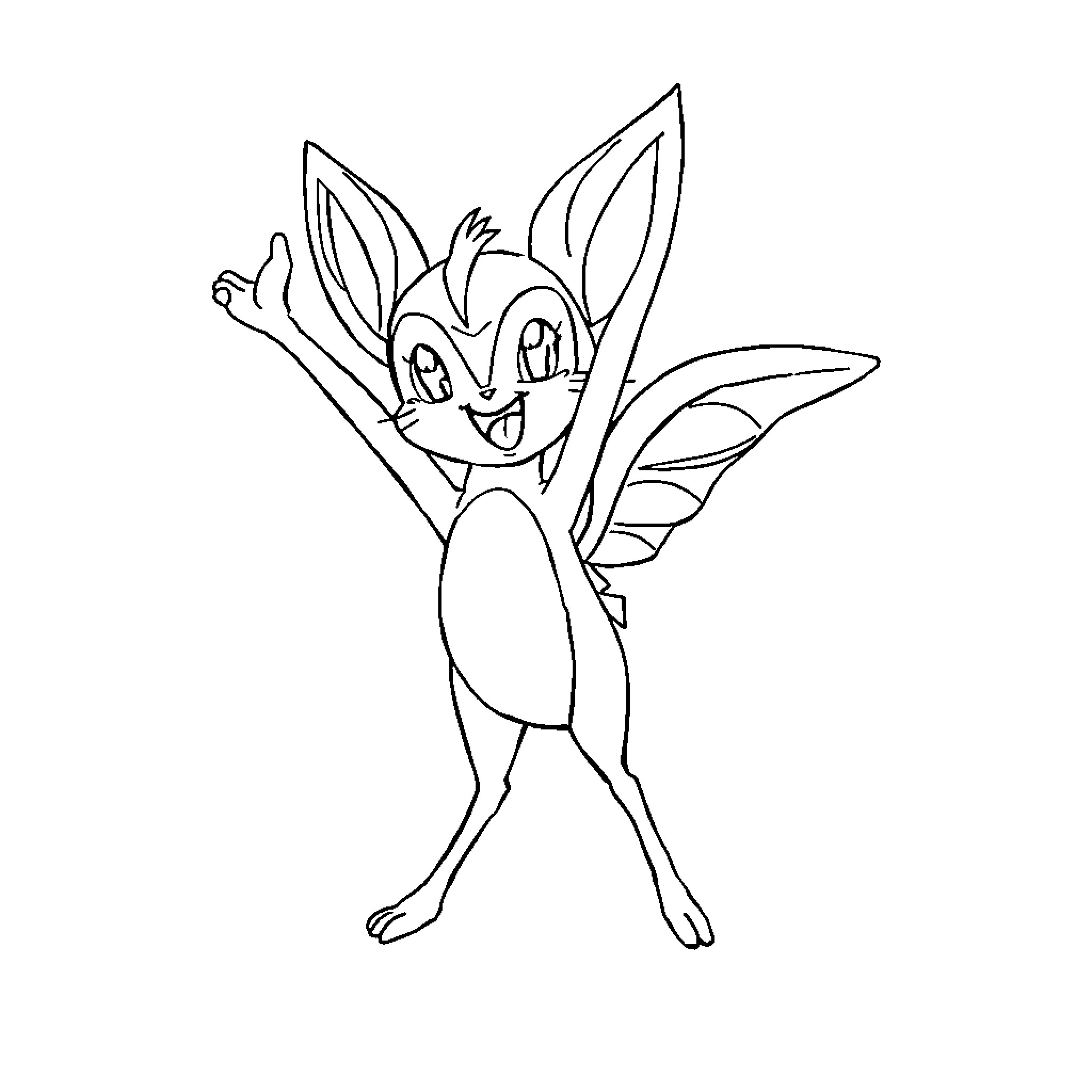 Victini striking a cheerful pose Coloring Page (free black-and-white line drawing printable PDF for all, from beginners to advanced learners, including children, teens, adults, and seniors)