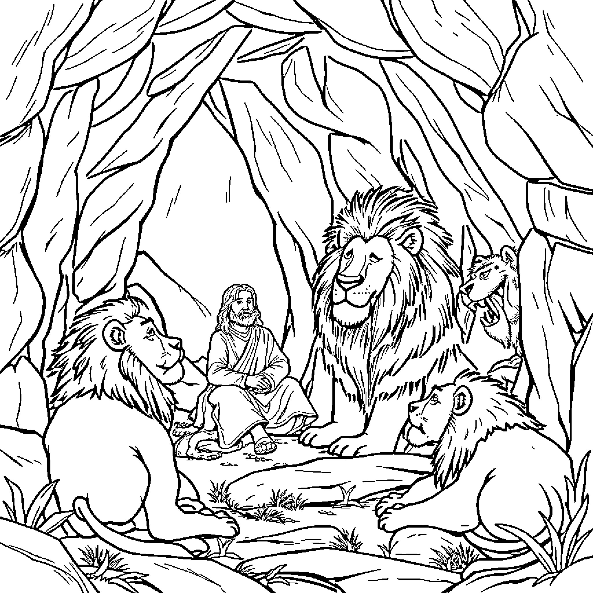 Daniel and the lions in the wilderness Coloring Page (free black-and-white line drawing printable PDF for all, from beginners to advanced learners, including children, teens, adults, and seniors)