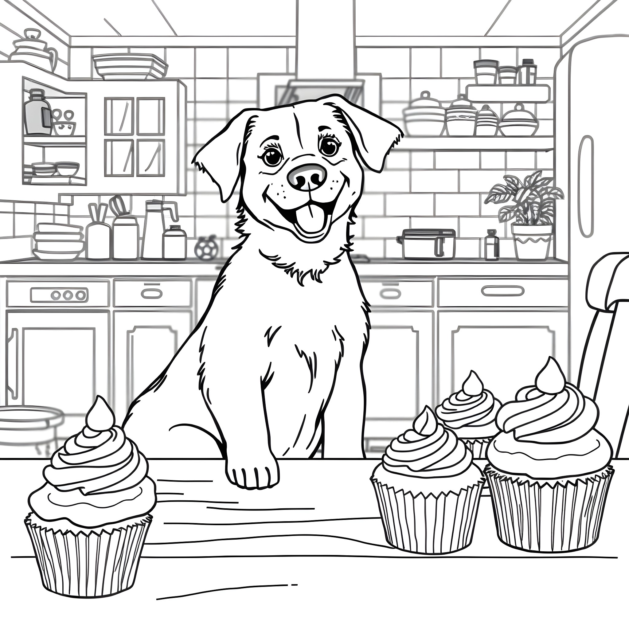 Dog sitting happily in the kitchen Coloring Page (free black-and-white line drawing printable PDF for all, from beginners to advanced learners, including children, teens, adults, and seniors)