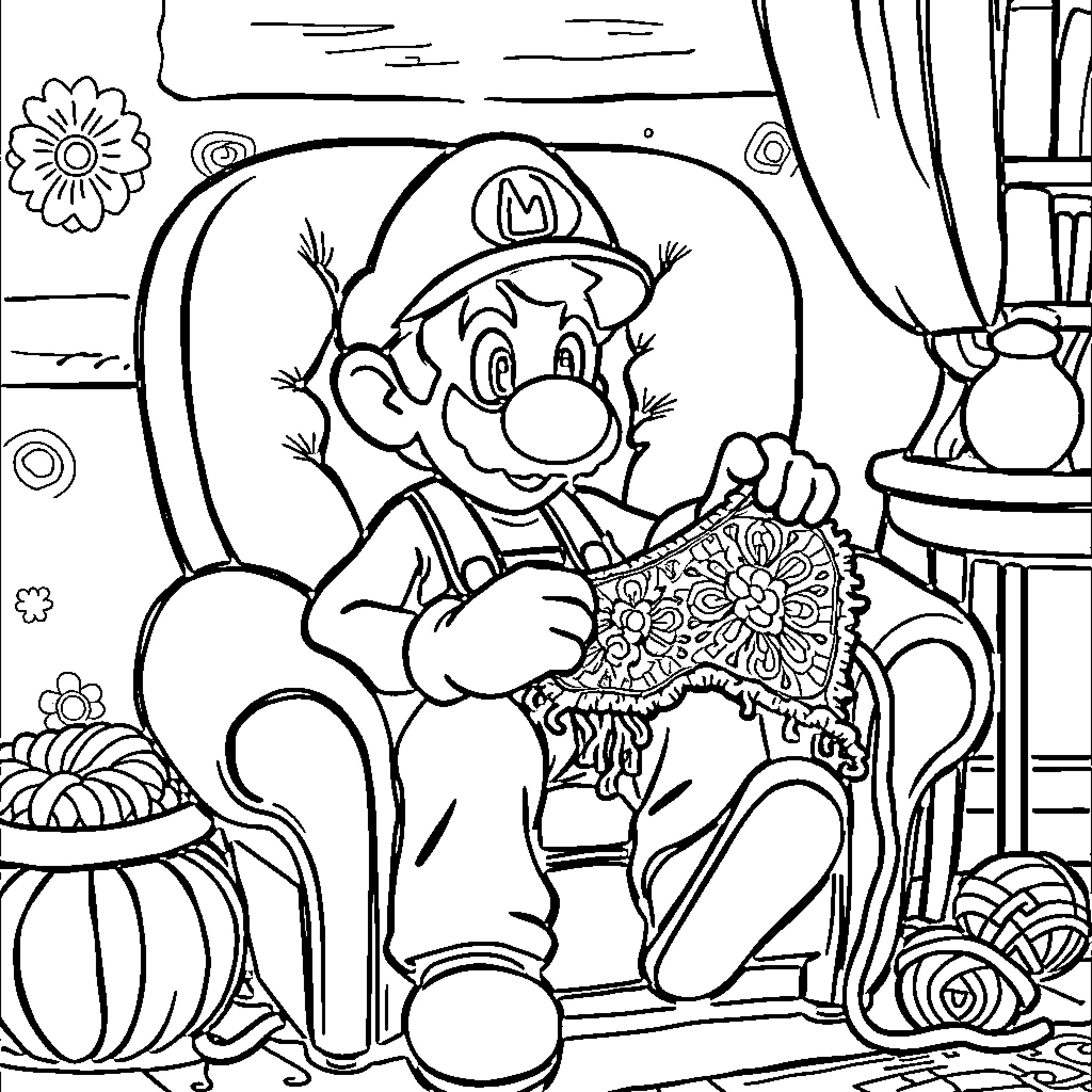Luigi's Flower Arrangement Masterpiece Coloring Page (free black-and-white line drawing printable PDF for all, from beginners to advanced learners, including children, teens, adults, and seniors)
