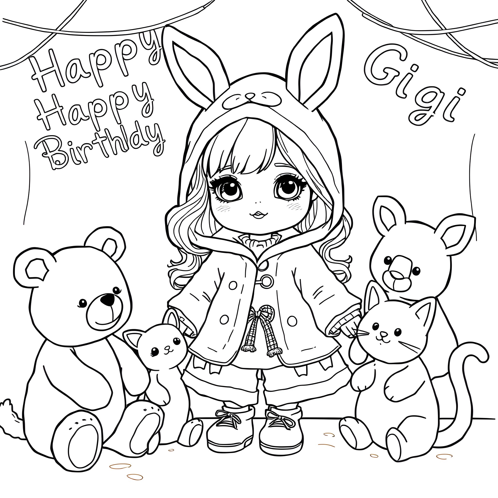 Doll girl celebrating birthday with stuffed animals Coloring Page (free black-and-white line drawing printable PDF for all, from beginners to advanced learners, including children, teens, adults, and seniors)