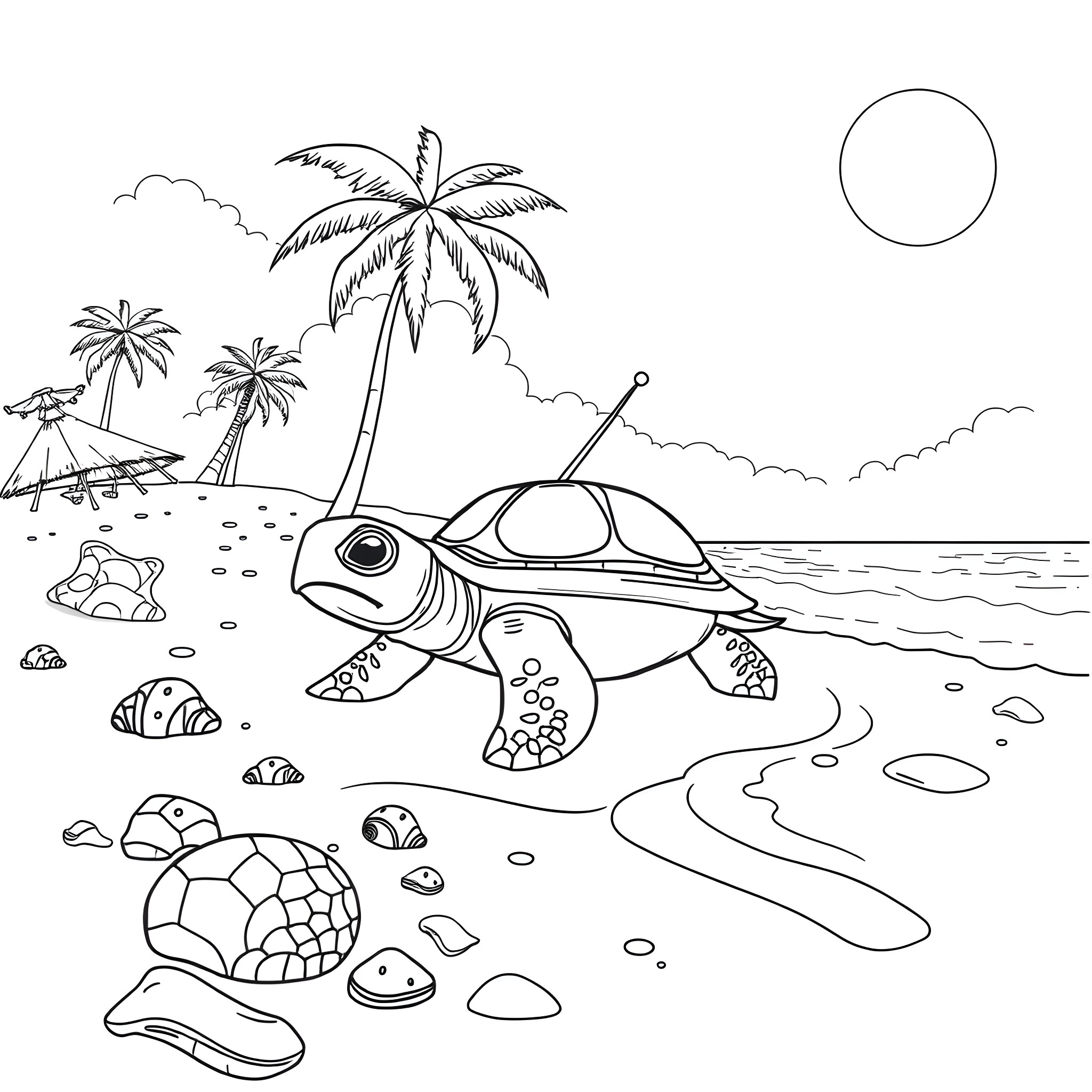 Ninja Turtle enjoying the tropical beach scenery Coloring Page (free black-and-white line drawing printable PDF for all, from beginners to advanced learners, including children, teens, adults, and seniors)