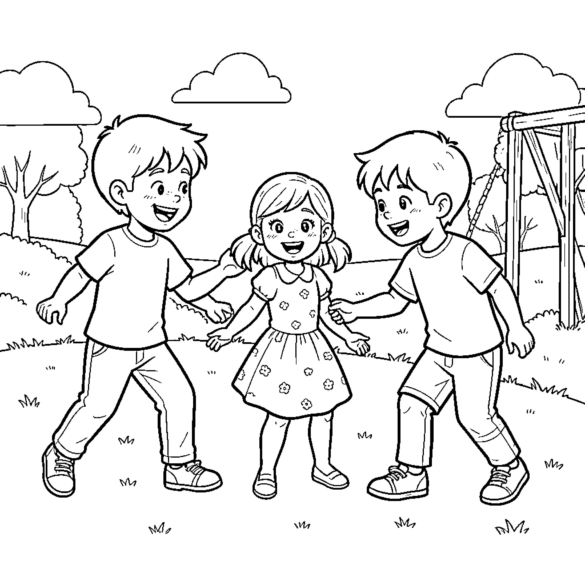 Enfant playing and dancing joyfully with friends outdoors Coloring Page (free black-and-white line drawing printable PDF for all, from beginners to advanced learners, including children, teens, adults, and seniors)