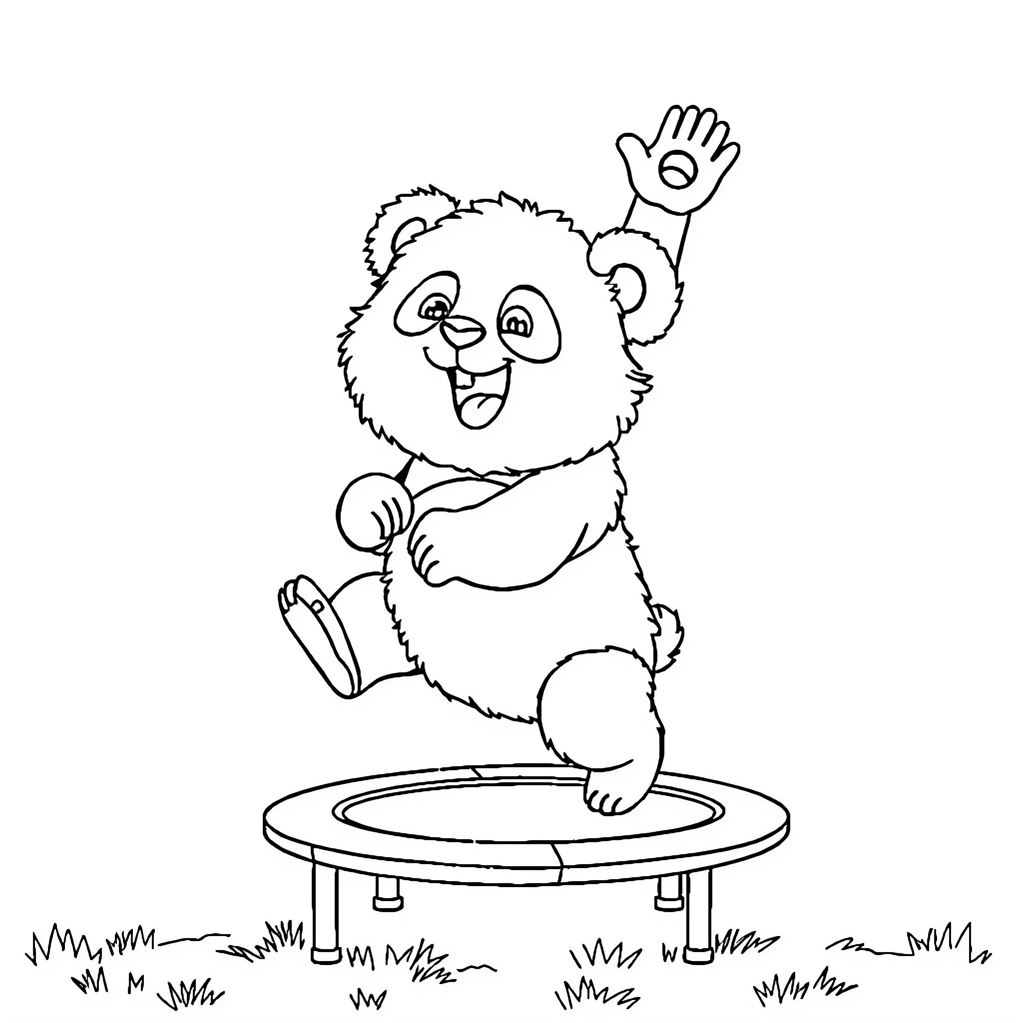 Panda jumping happily on trampoline Coloring Page (free black-and-white line drawing printable PDF for all, from beginners to advanced learners, including children, teens, adults, and seniors)