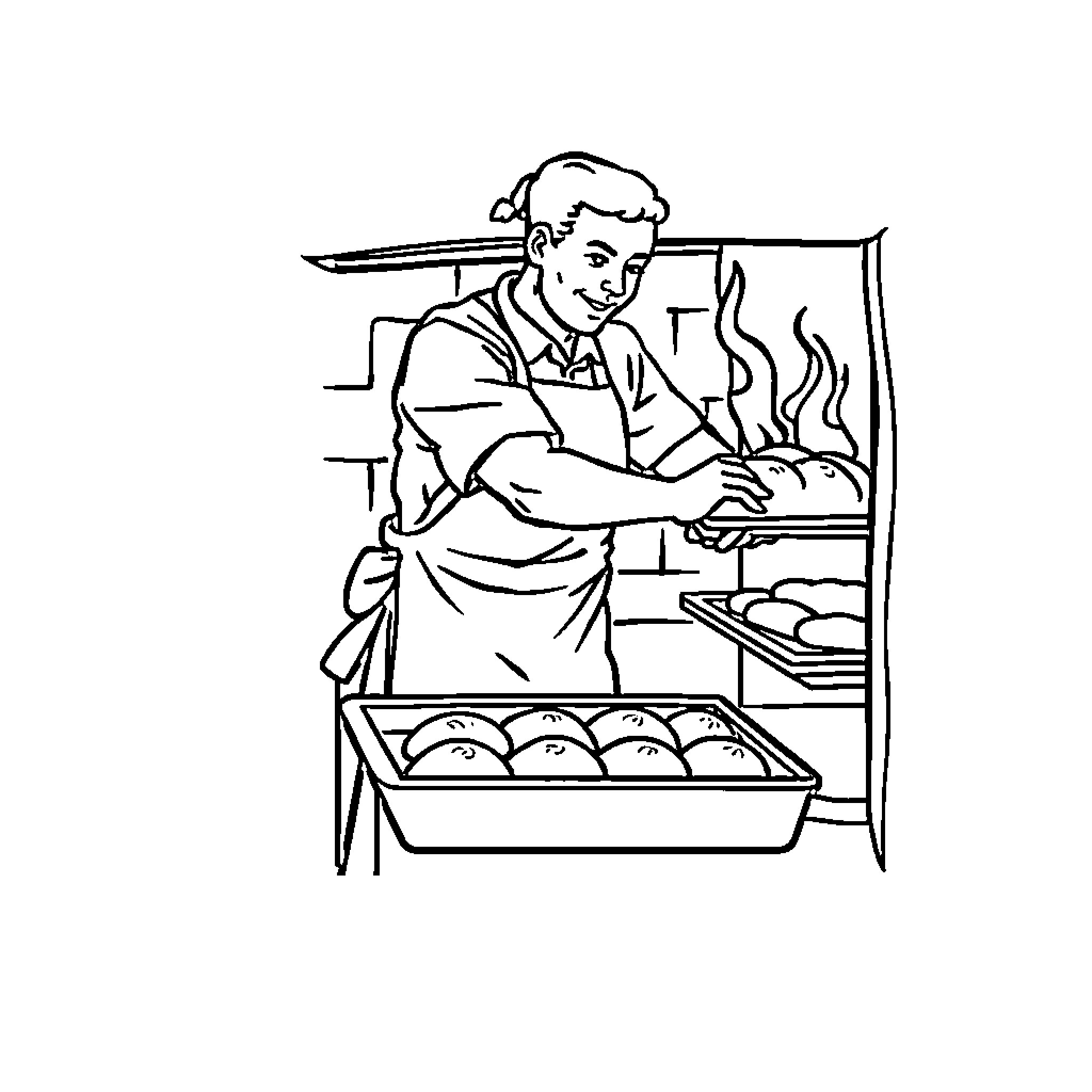 Baker kneading dough in the kitchen Coloring Page (free black-and-white line drawing printable PDF for all, from beginners to advanced learners, including children, teens, adults, and seniors)