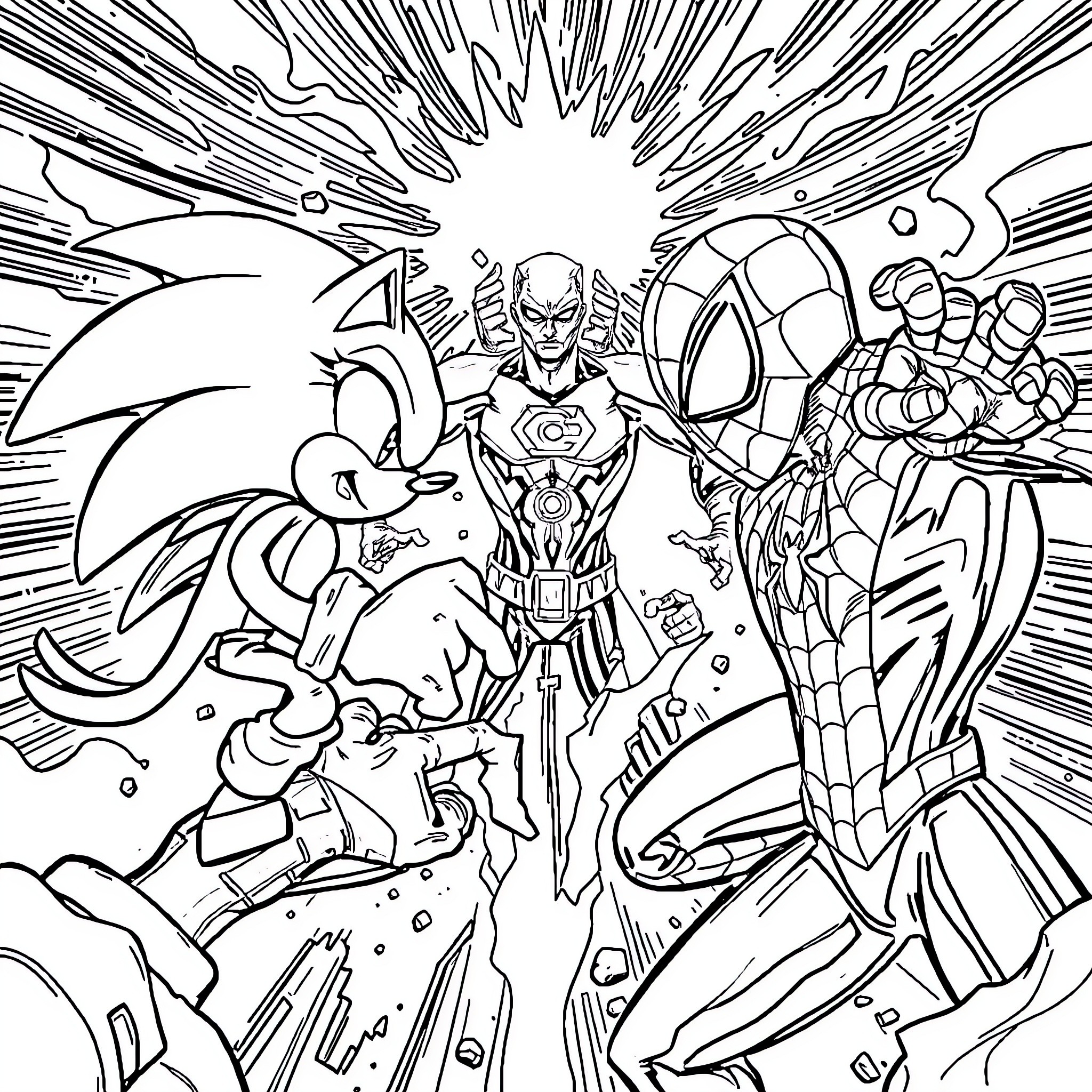Sonic's Heroic Battle Against Villainous Forces Coloring Page (free black-and-white line drawing printable PDF for all, from beginners to advanced learners, including children, teens, adults, and seniors)