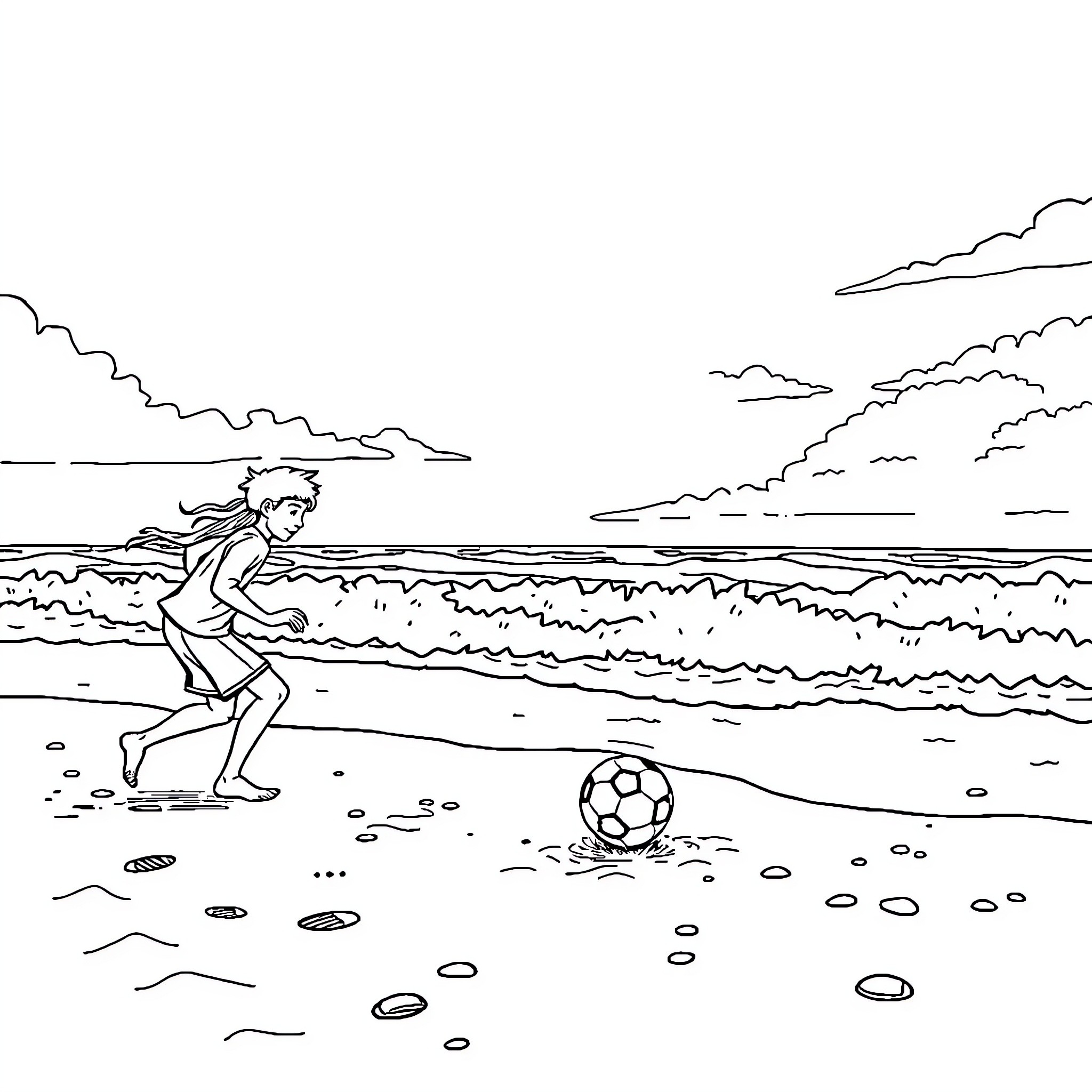 Football player kicking ball on beach Coloring Page (free black-and-white line drawing printable PDF for all, from beginners to advanced learners, including children, teens, adults, and seniors)