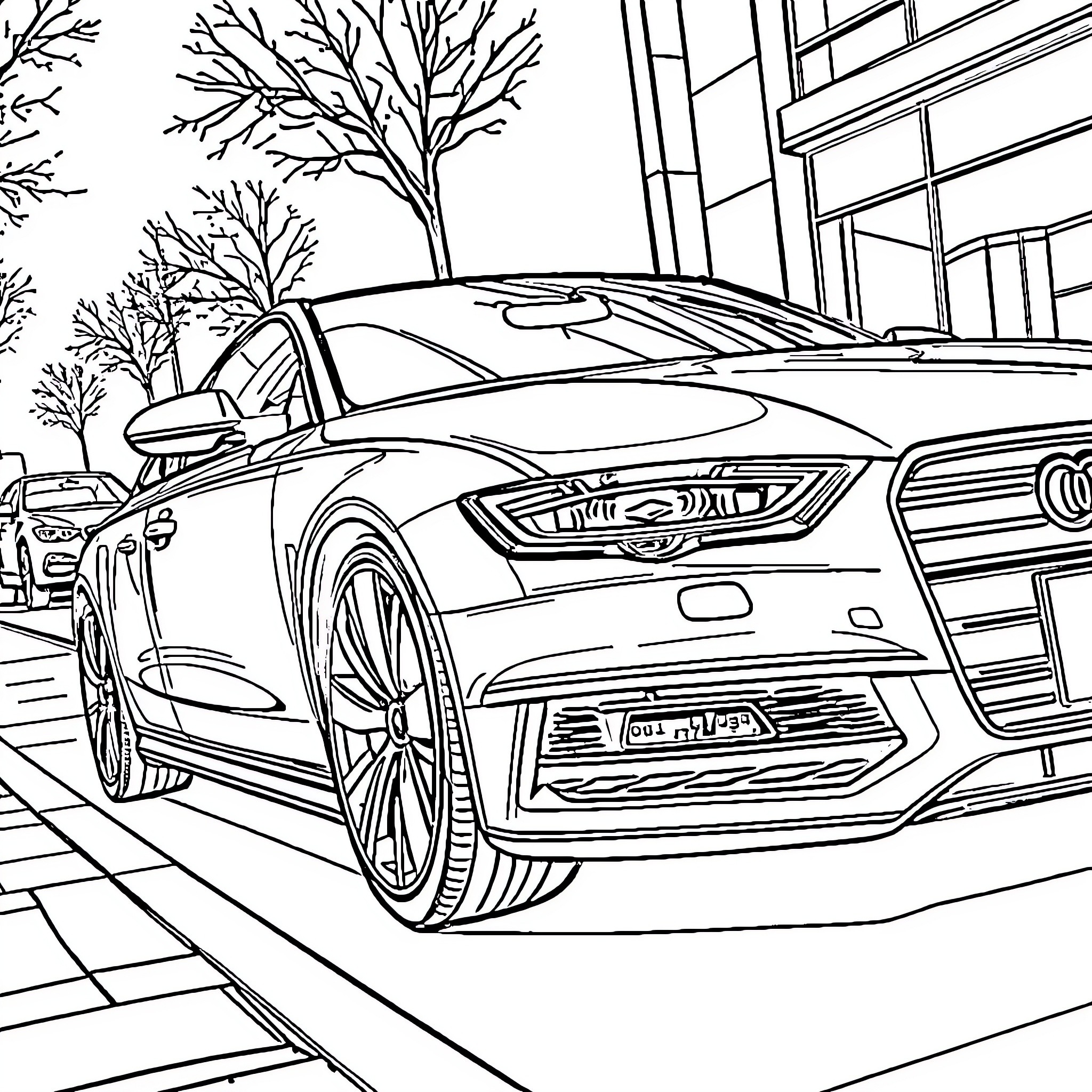 Audi car in urban environment Coloring Page (free black-and-white line drawing printable PDF for all, from beginners to advanced learners, including children, teens, adults, and seniors)