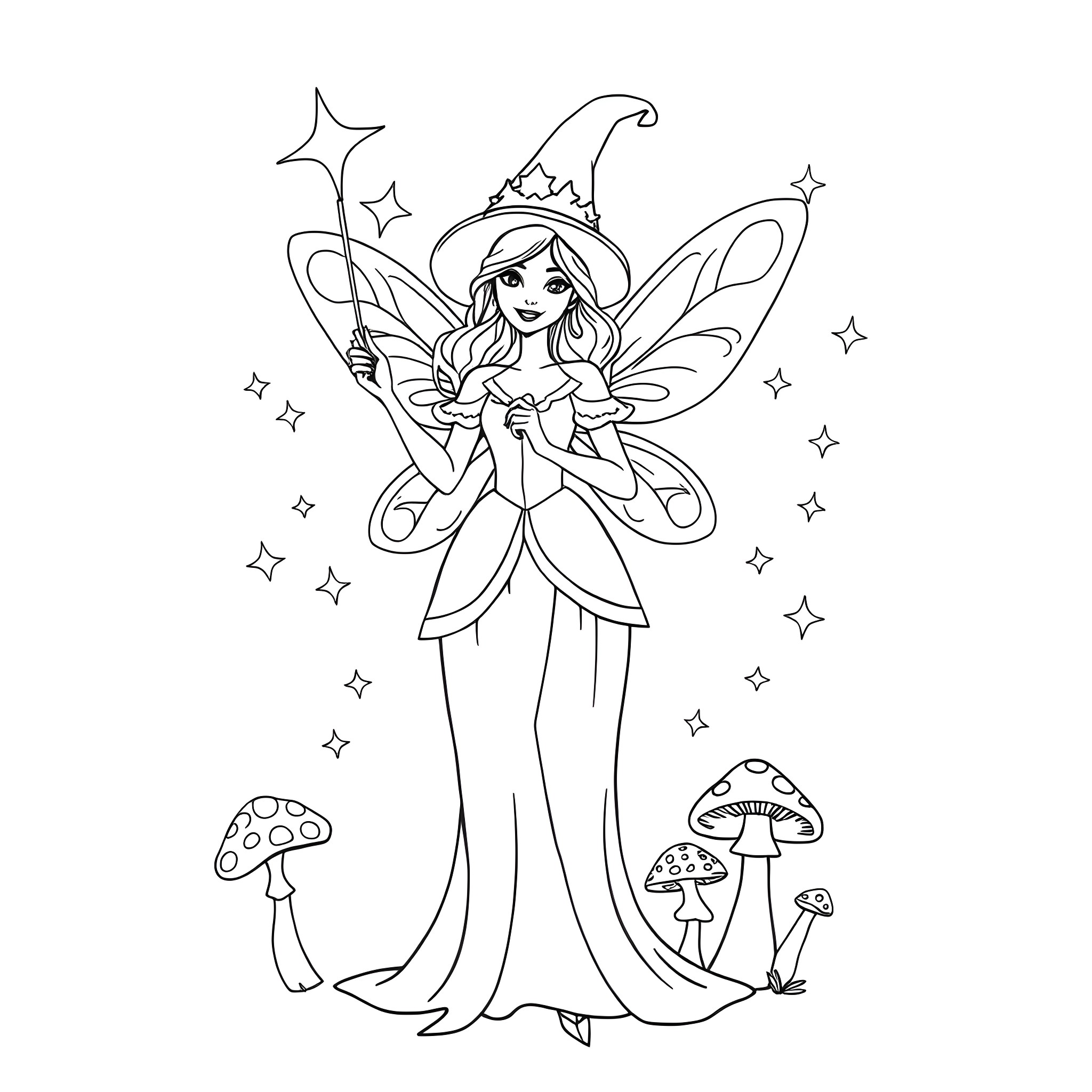 Fairy Godmother casting magical spells Coloring Page (free black-and-white line drawing printable PDF for all, from beginners to advanced learners, including children, teens, adults, and seniors)