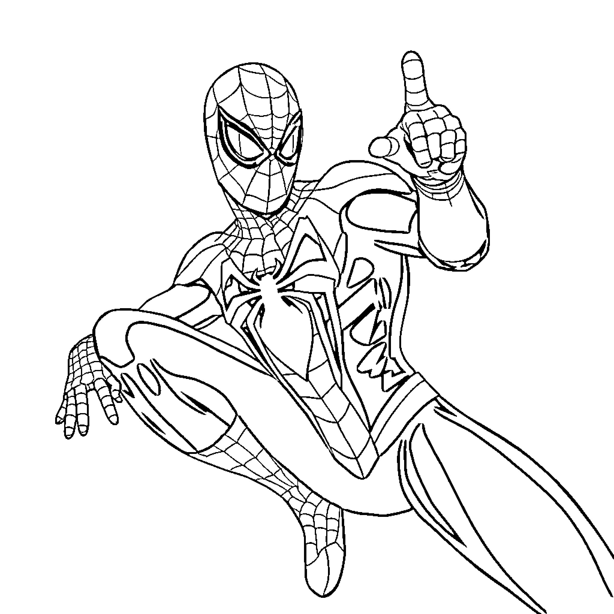 Spider-Man in heroic pose Coloring Page (free black-and-white line drawing printable PDF for all, from beginners to advanced learners, including children, teens, adults, and seniors)