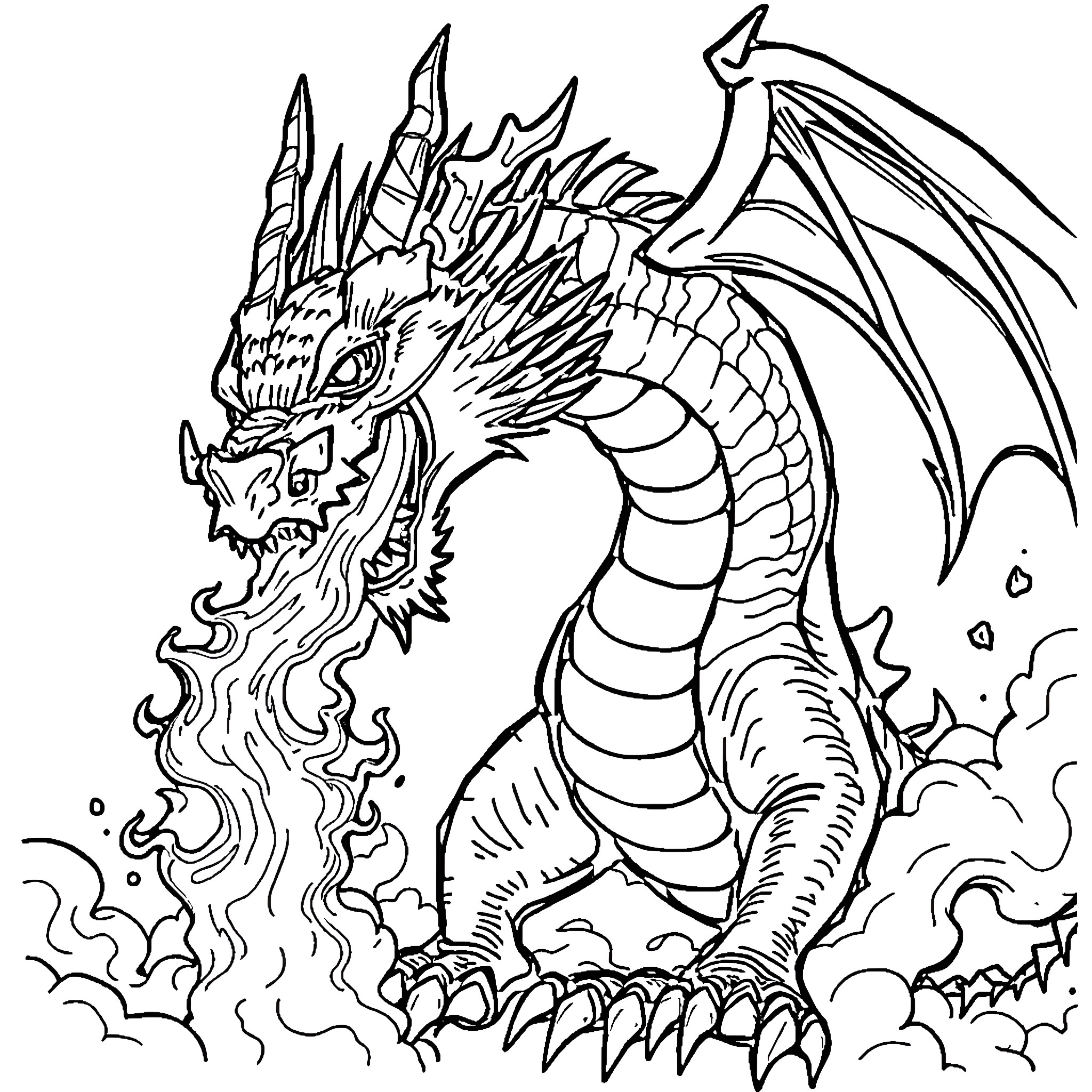 Dragon breathing fire and smoke in fierce pose Coloring Page (free black-and-white line drawing printable PDF for all, from beginners to advanced learners, including children, teens, adults, and seniors)