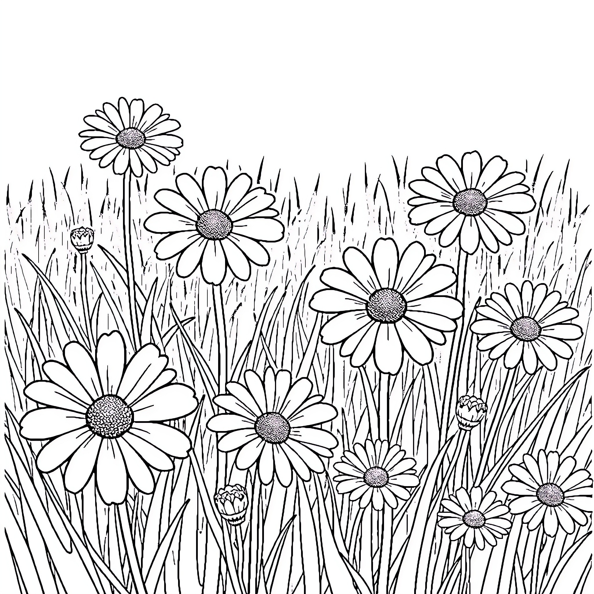 Daisy Flowers Blooming in the Meadow Coloring Page (free black-and-white line drawing printable PDF for all, from beginners to advanced learners, including children, teens, adults, and seniors)