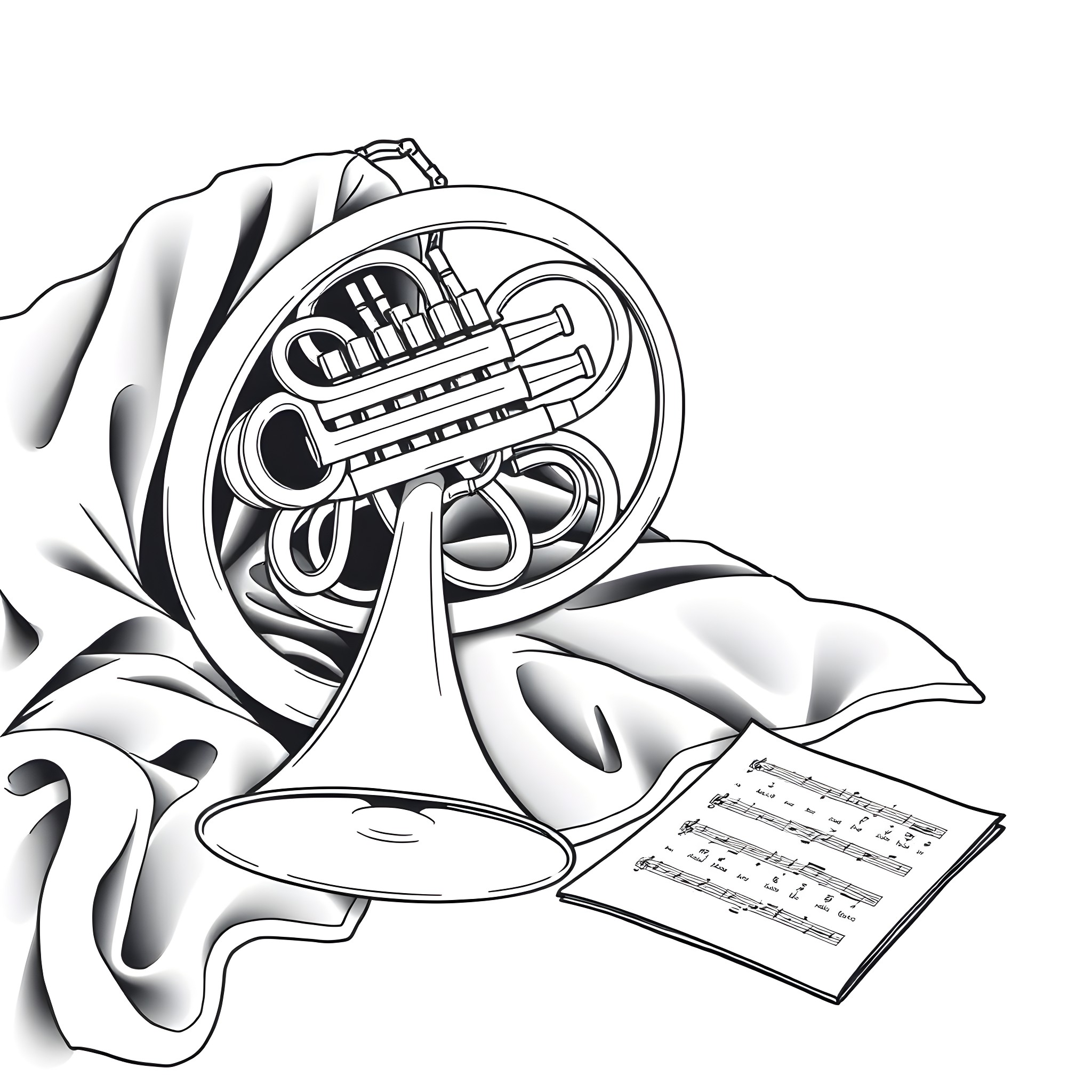 French Horn with Sheet Music Coloring Page (free black-and-white line drawing printable PDF for all, from beginners to advanced learners, including children, teens, adults, and seniors)