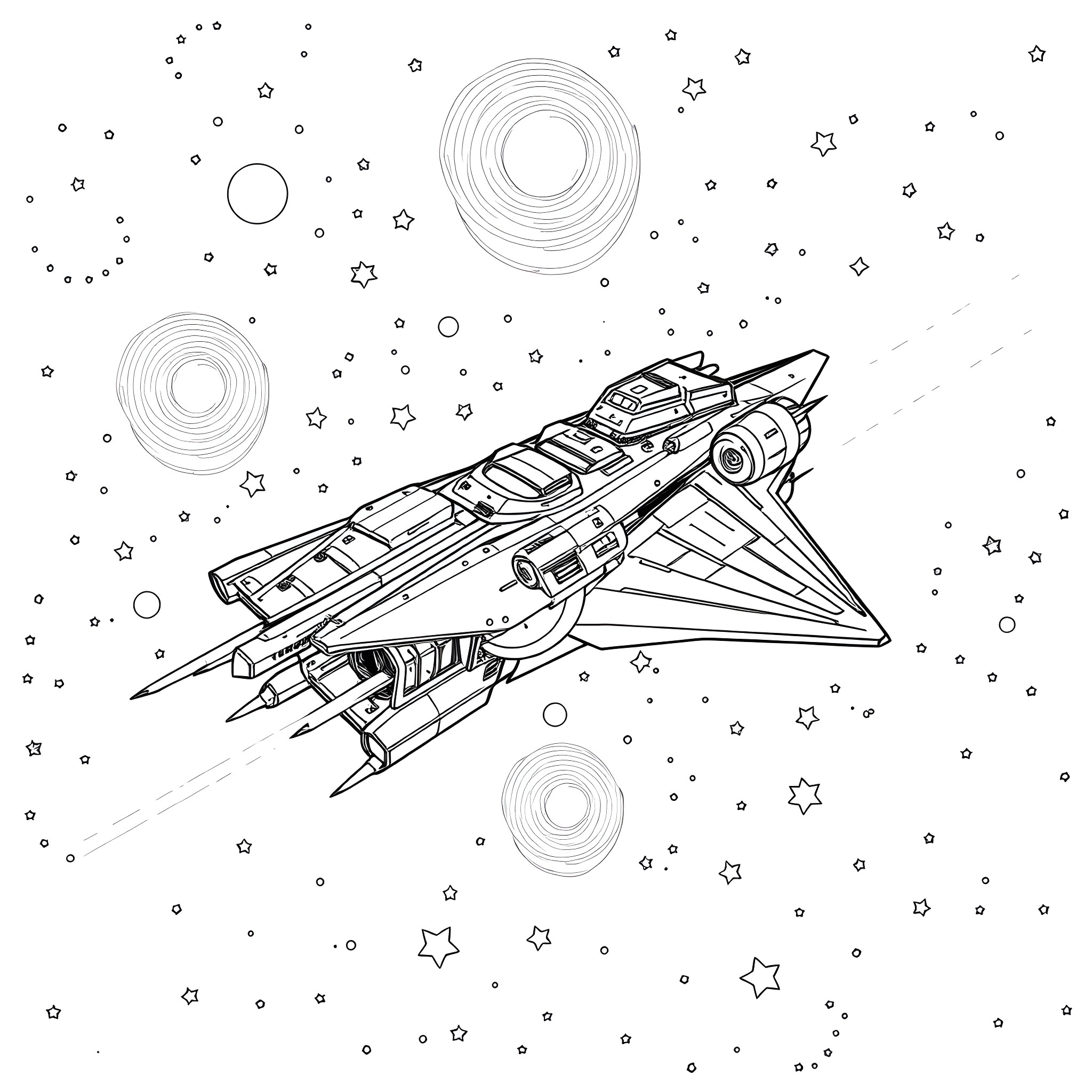 Starship soaring through the cosmic expanse Coloring Page (free black-and-white line drawing printable PDF for all, from beginners to advanced learners, including children, teens, adults, and seniors)