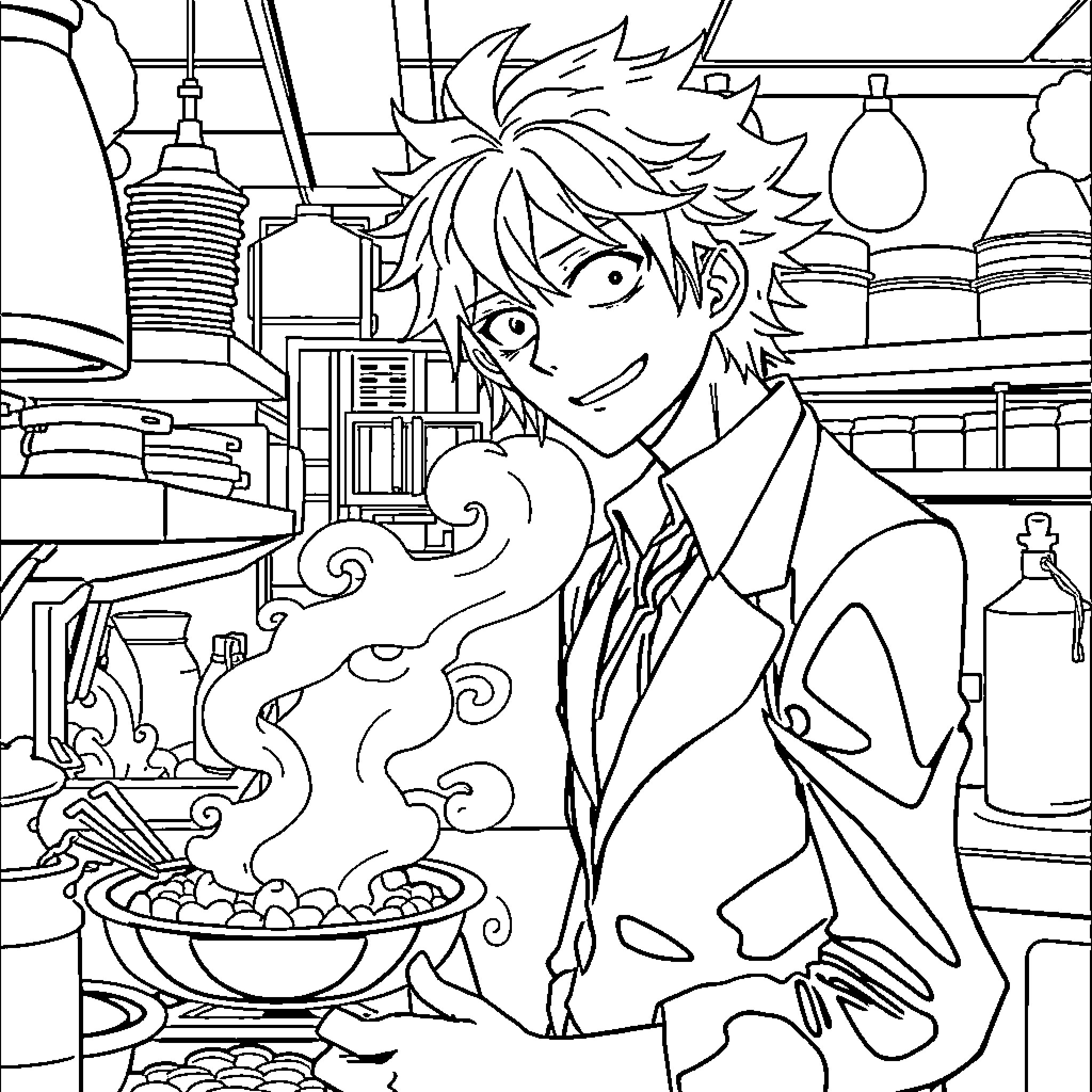 Sanji's Cooking Antics in the Kitchen Coloring Page (free black-and-white line drawing printable PDF for all, from beginners to advanced learners, including children, teens, adults, and seniors)