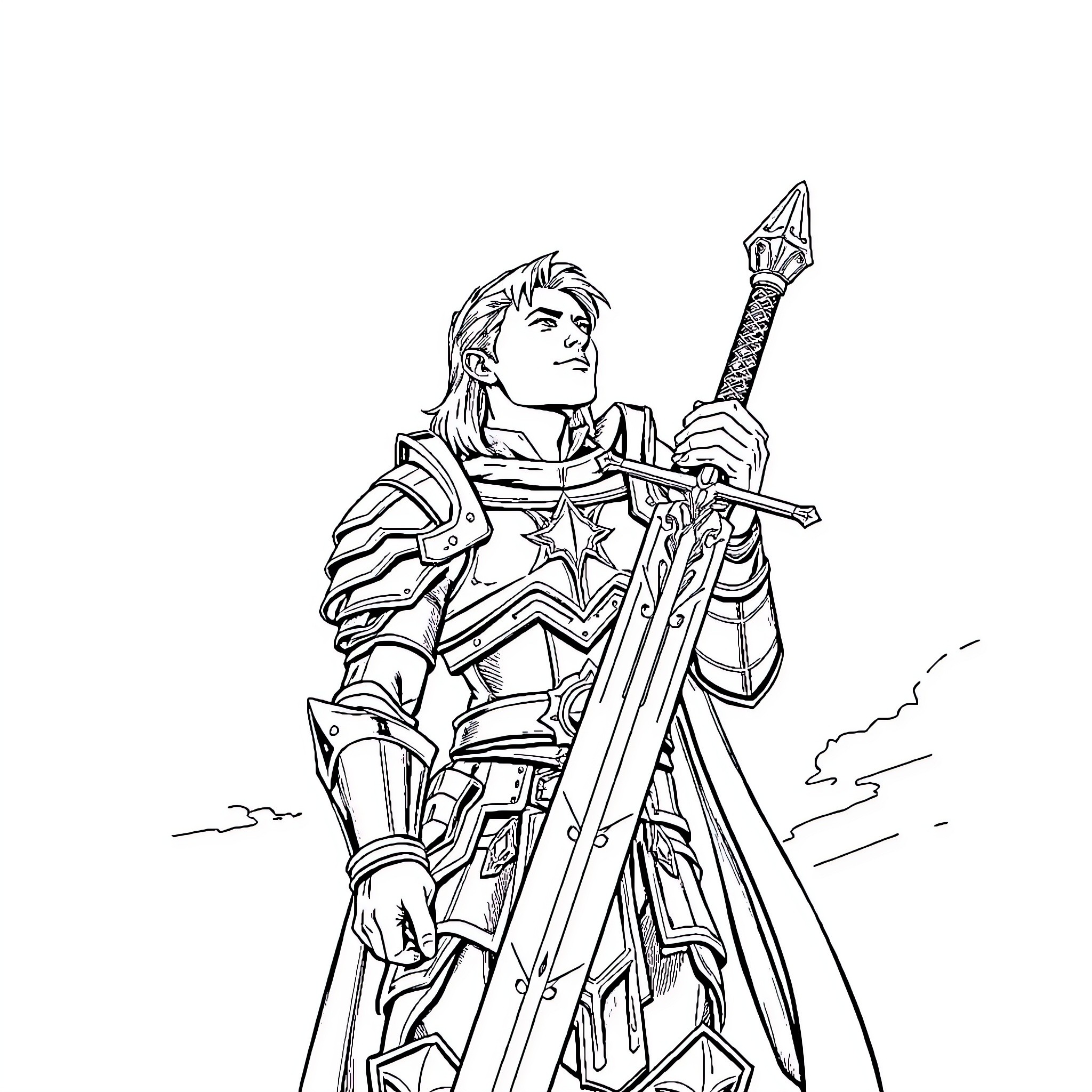 Anduin standing heroically with armored sword and shield Coloring Page (free black-and-white line drawing printable PDF for all, from beginners to advanced learners, including children, teens, adults, and seniors)