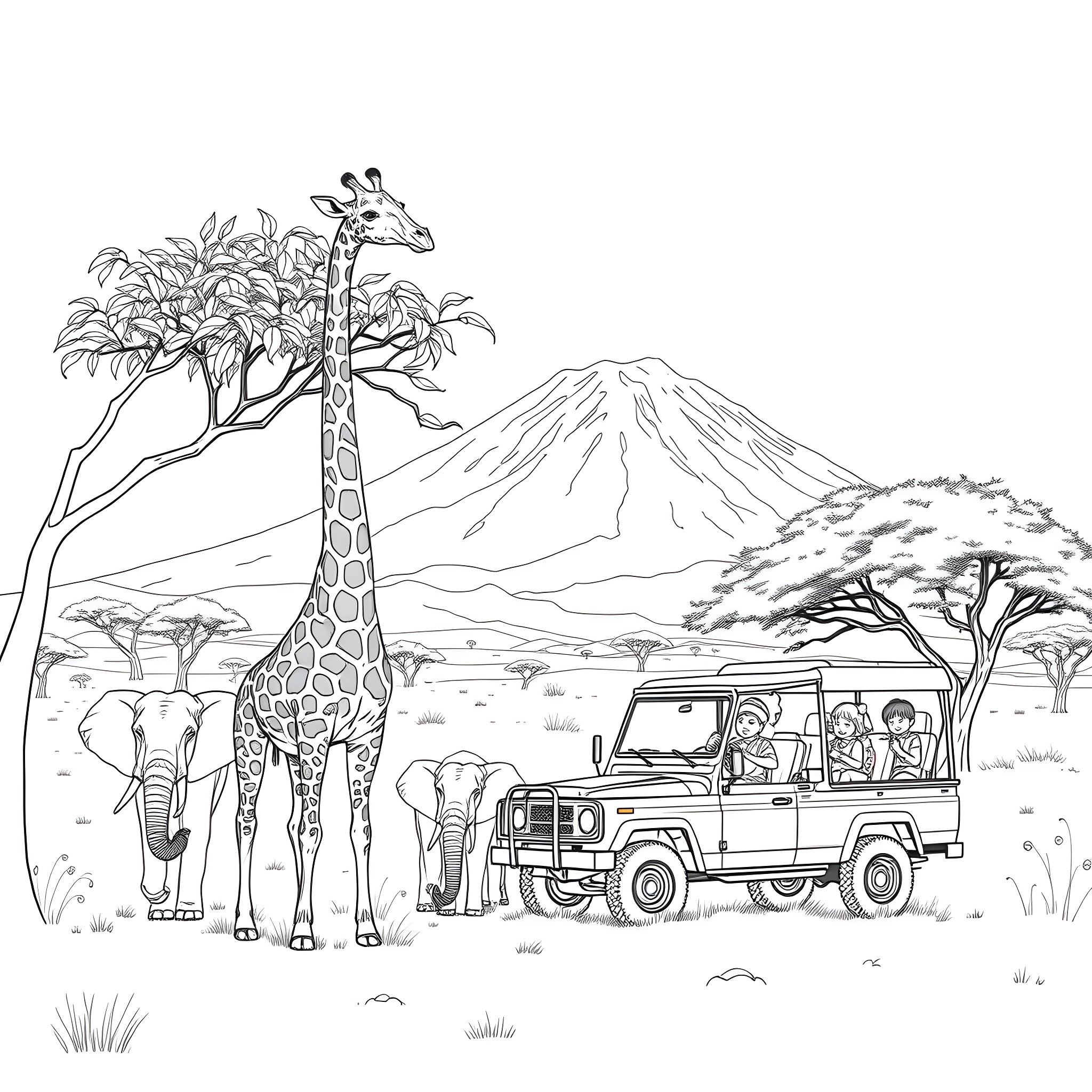 Savanna safari adventure with wildlife and off-road vehicle Coloring Page (free black-and-white line drawing printable PDF for all, from beginners to advanced learners, including children, teens, adults, and seniors)