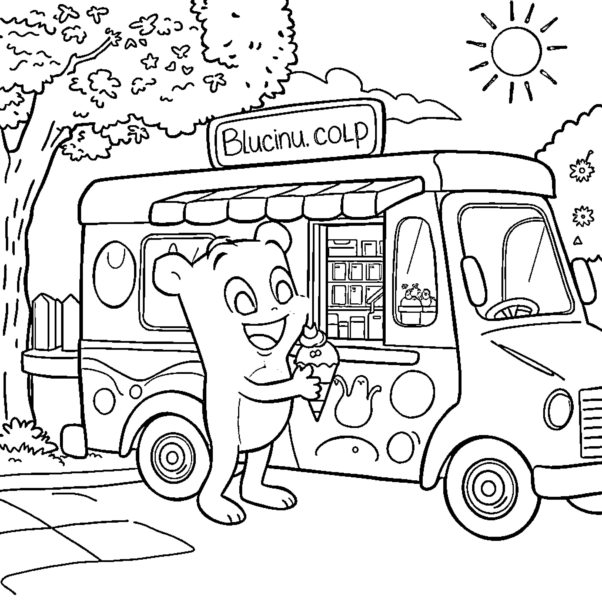 Bluey's Fun Day Out in the Food Truck Coloring Page (free black-and-white line drawing printable PDF for all, from beginners to advanced learners, including children, teens, adults, and seniors)