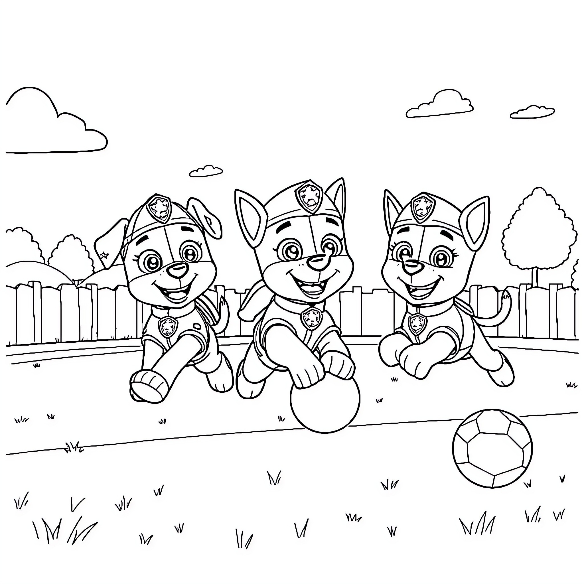 Paw Patrol puppies playing with a soccer ball Coloring Page (free black-and-white line drawing printable PDF for all, from beginners to advanced learners, including children, teens, adults, and seniors)