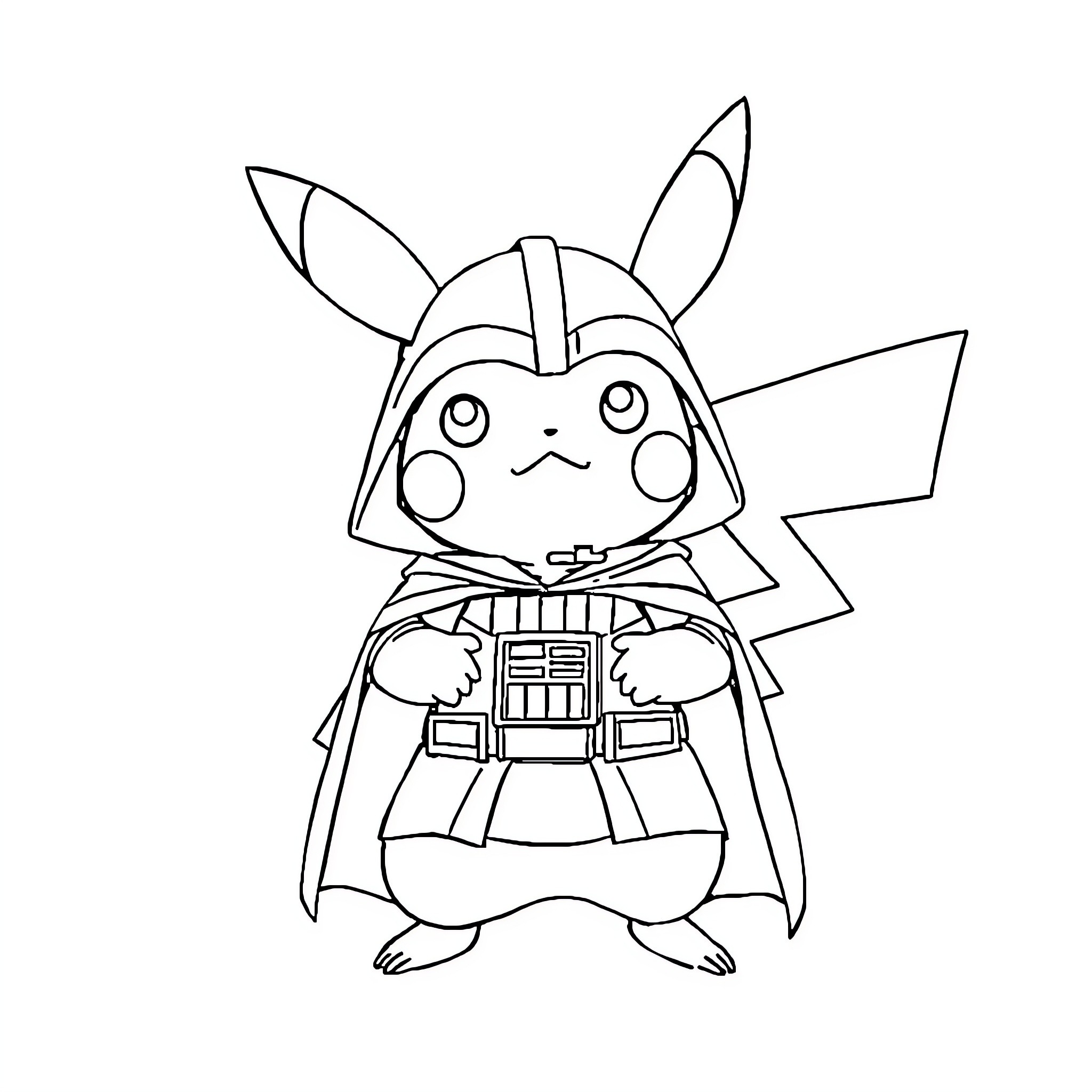 Pikachu dressed as a superhero Coloring Page (free black-and-white line drawing printable PDF for all, from beginners to advanced learners, including children, teens, adults, and seniors)