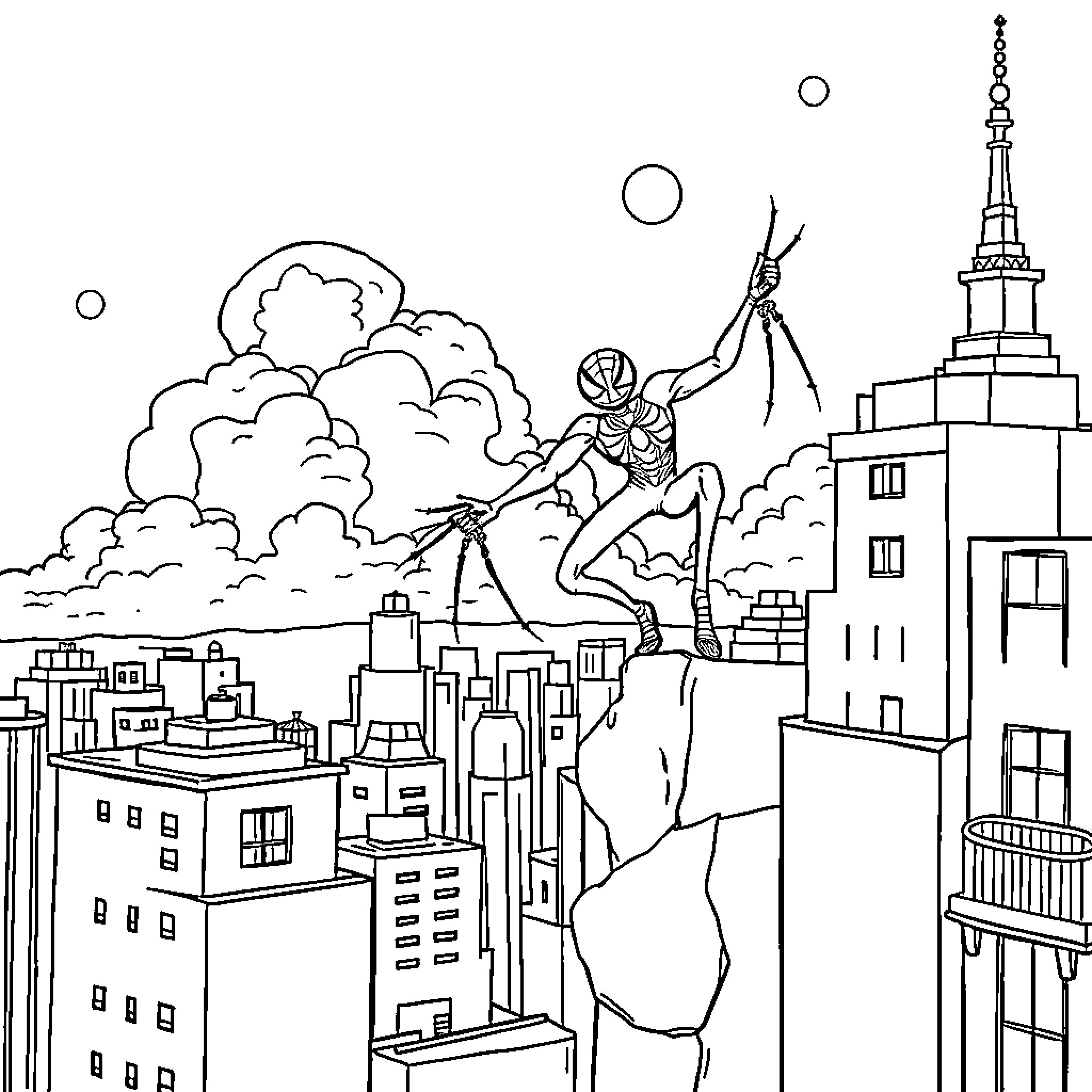 Spider-Man swinging through a bustling city skyline Coloring Page (free black-and-white line drawing printable PDF for all, from beginners to advanced learners, including children, teens, adults, and seniors)