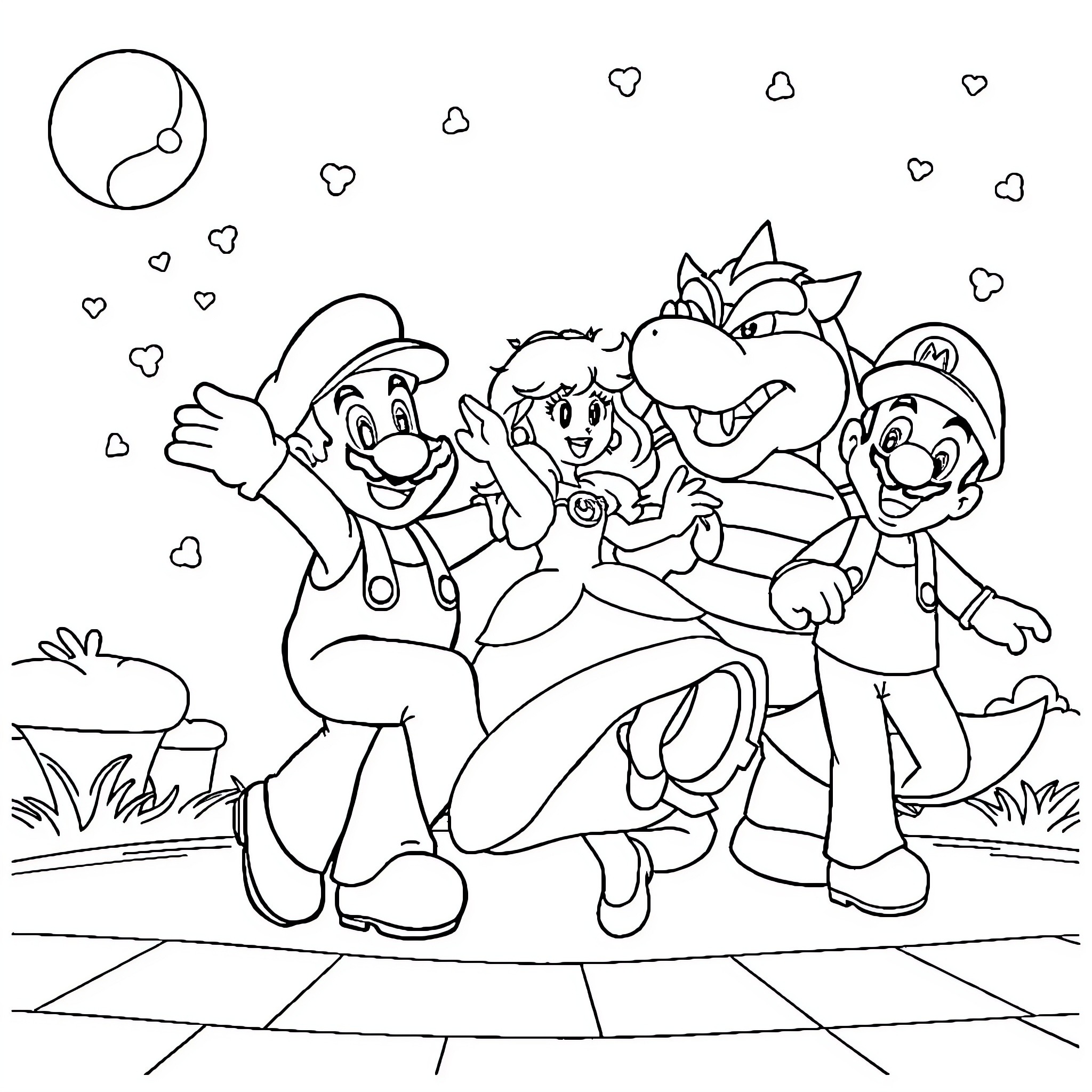 Super Mario and Friends Celebrating Joyfully Coloring Page (free black-and-white line drawing printable PDF for all, from beginners to advanced learners, including children, teens, adults, and seniors)