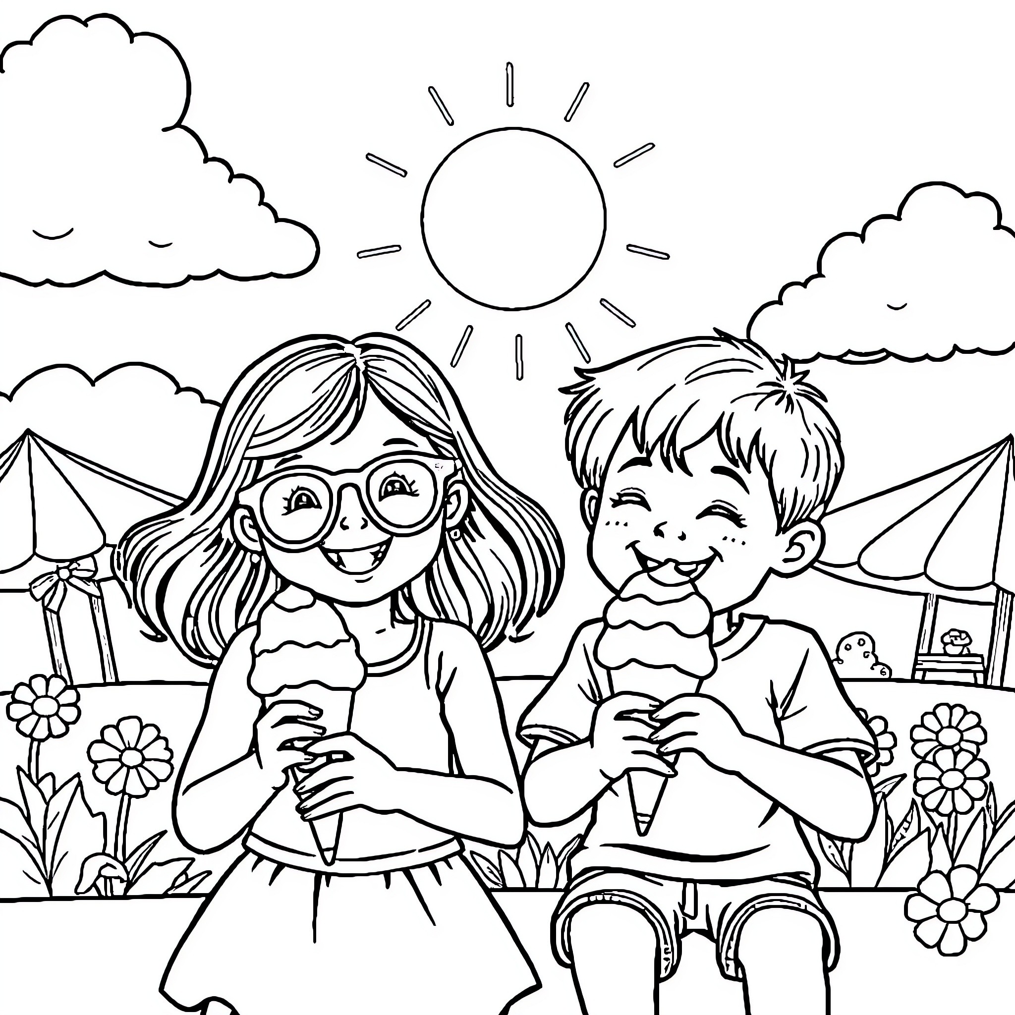 Girl and Boy Enjoying Summer Outdoors Coloring Page (free black-and-white line drawing printable PDF for all, from beginners to advanced learners, including children, teens, adults, and seniors)