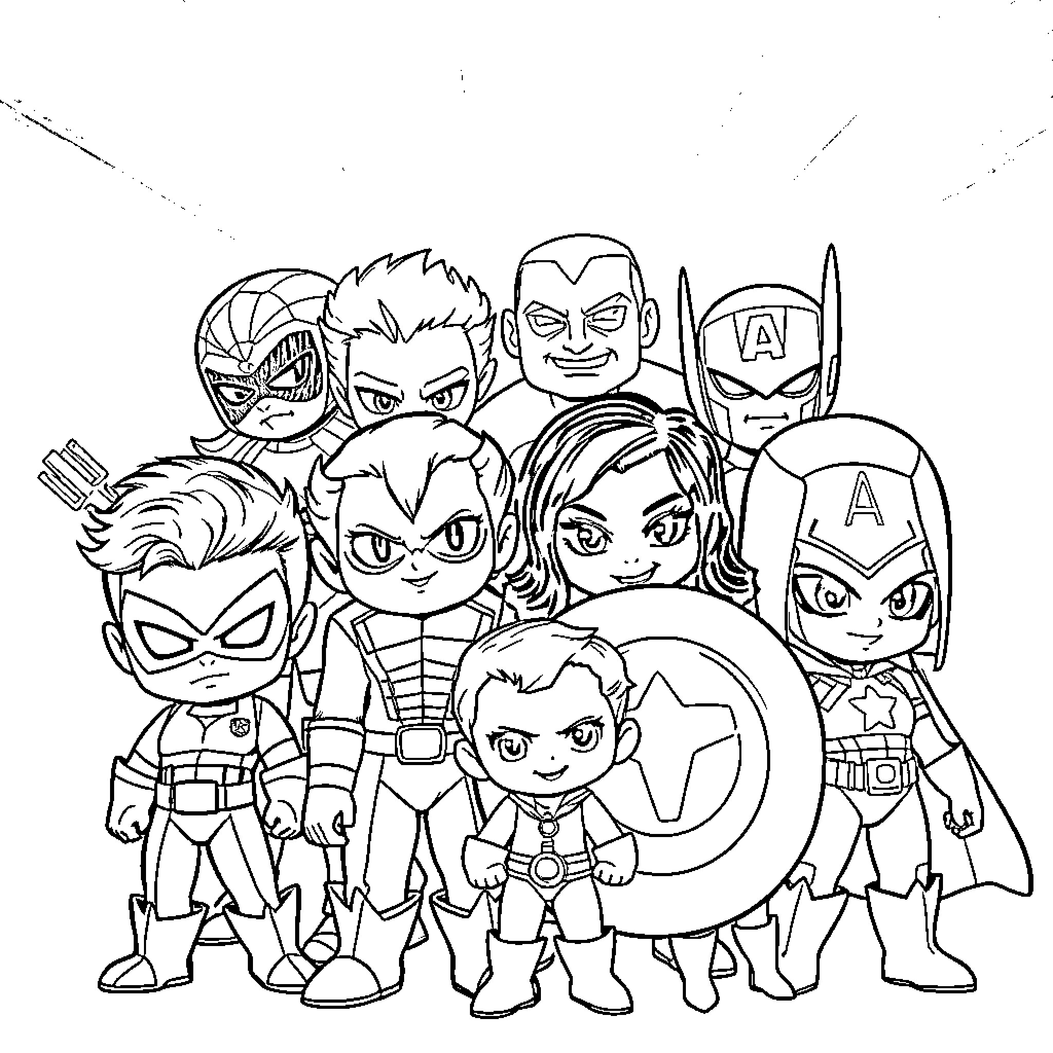 Chibi X-Men and Avengers striking comical poses Coloring Page (free black-and-white line drawing printable PDF for all, from beginners to advanced learners, including children, teens, adults, and seniors)